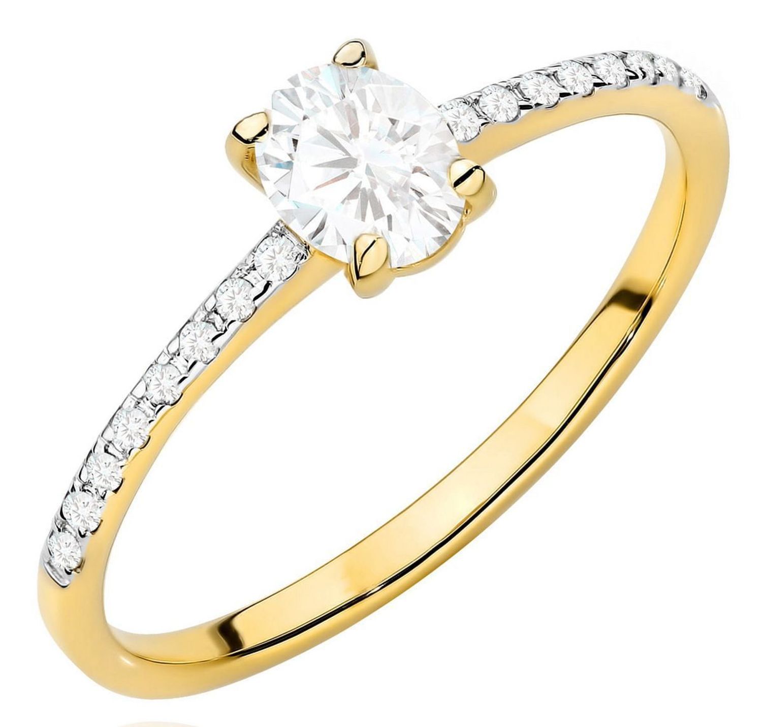 Pierścionek W0582 z owalnym diamentem 0.30ct i 16 dodatkowymi kamieniami (łącznie 0.38ct) w żółtym złocie 585. Elegancja, blask i ponadczasowy styl w doskonałej formie.1.jpg