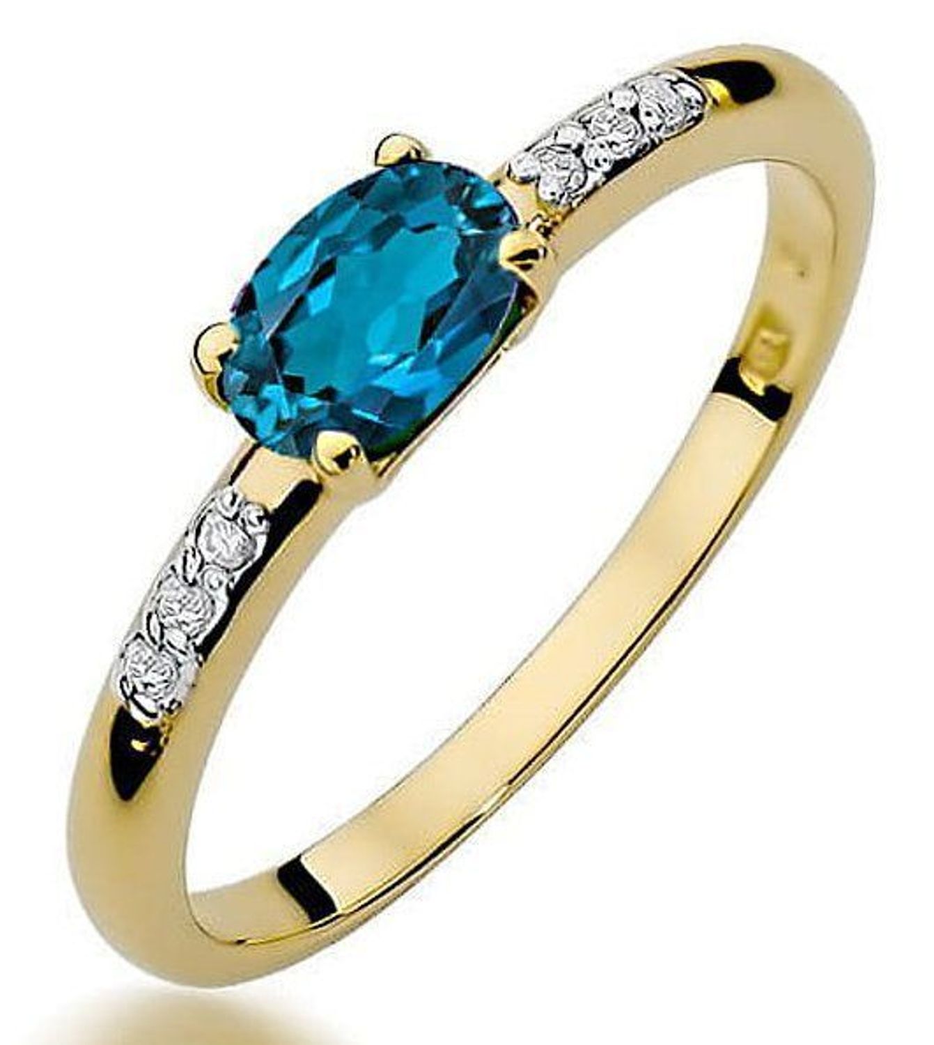 Złoty pierścionek zaręczynowy z topazem London Blue 0,03ct próba 585 W077 rozmiar 13. Wyjątkowy pierścionek zaręczynowy wykonany z żółtego złota próby 585,  (1).jpg