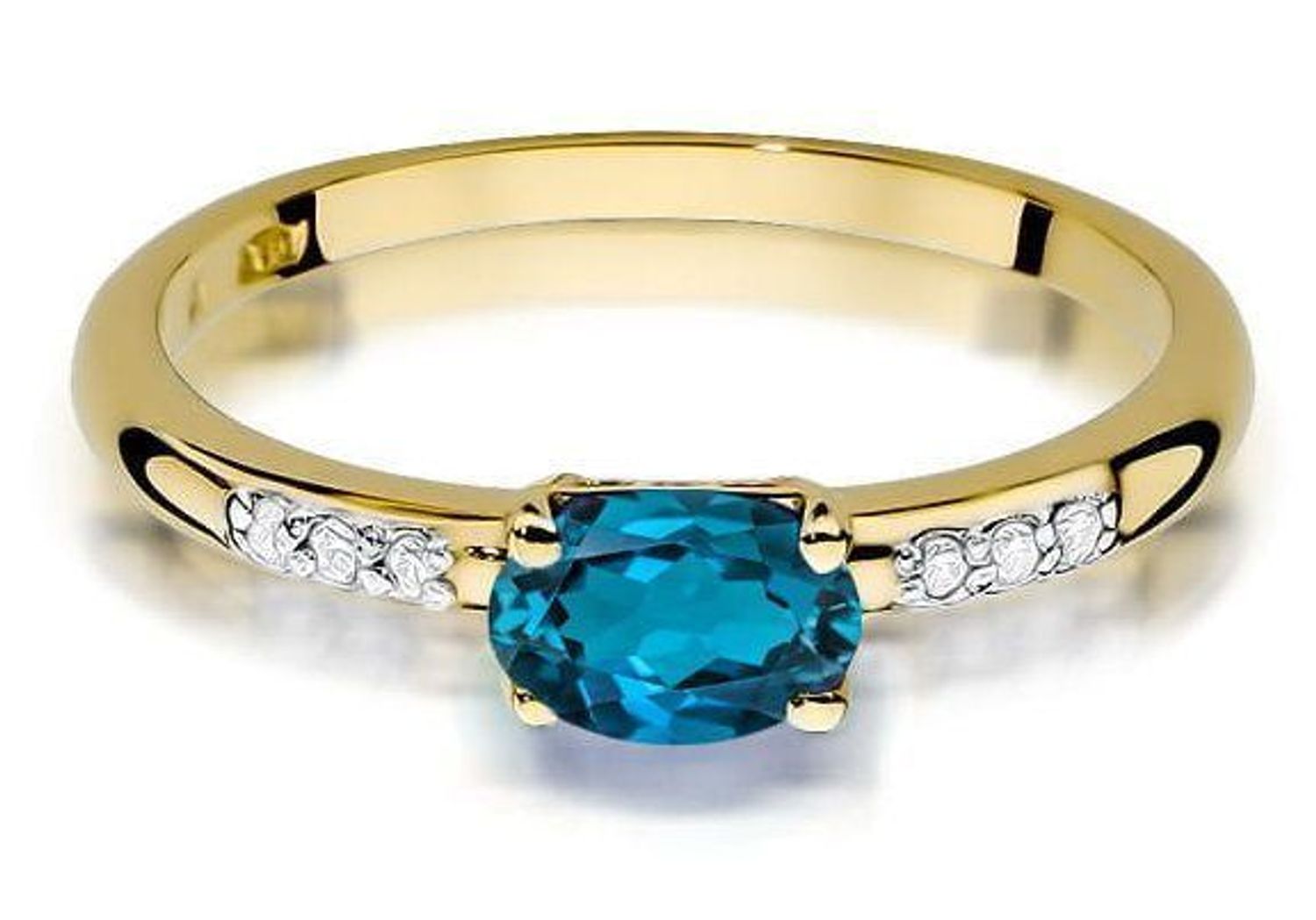 Złoty pierścionek zaręczynowy z topazem London Blue 0,03ct próba 585 W077 rozmiar 13. Wyjątkowy pierścionek zaręczynowy wykonany z żółtego złota próby 585,  (1).jpg