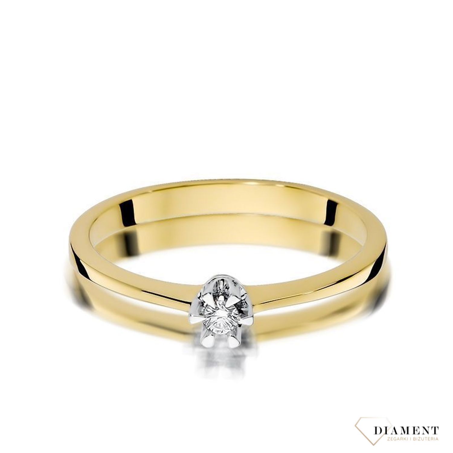 Złoty pierścionek damski 585 z Jednym centralnym Diamentem 0.04 ct DIAPRSW111Z585B0.04  Pierścionek z żółtego 14 karatowego złota z Diamentami, idealny prezent dla każdej kobiety. Możliwość zamówienia Twojego Rozmiaru..jpg