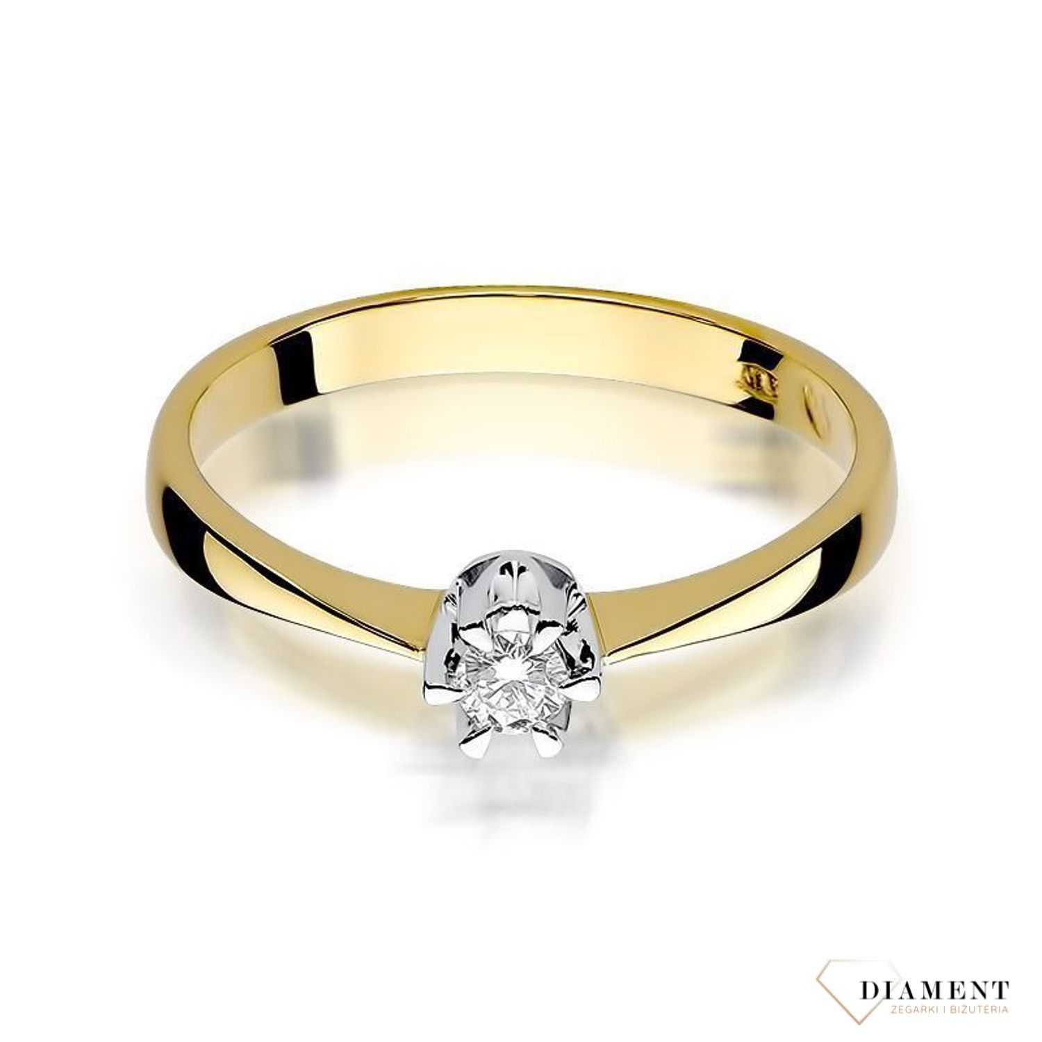 Złoty pierścionek damski 585 z Jednym centralnym Diamentem 0.10 ct DIAPRSW111Z585B0.10 Pierścionek z żółtego 14 karatowego złota z Diamentem, idealny prezent dla każdej kobiety. Możliwość zamówienia Twojego Rozmiaru..jpg