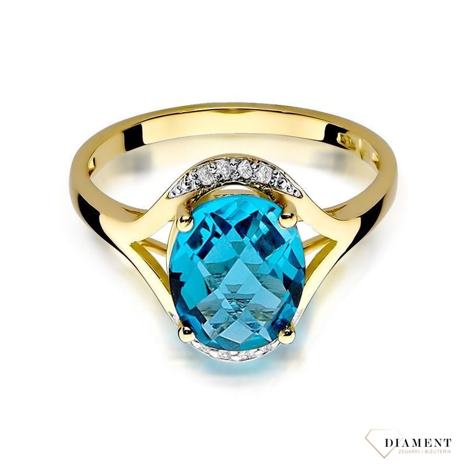 Złoty pierścionek damski 585 Owalny 3 ct Topaz Sky Blue  i Diamenty 0.04 ct DIAPRSW150Z585T3.00 Pierścionek z żółtego 14 karatowego złota z Diamentami, idealny prezent dla każdej kobiety. Możliwość zamówienia Twojego Rozmiar.jpg