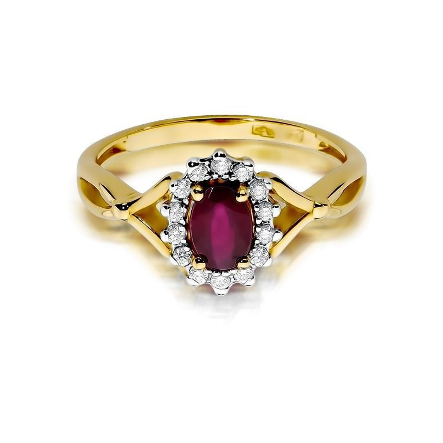 Złoty pierścionek damski 585 Owalna markiza z Rubinem i Diamentami 0.12 ct 1.jpg