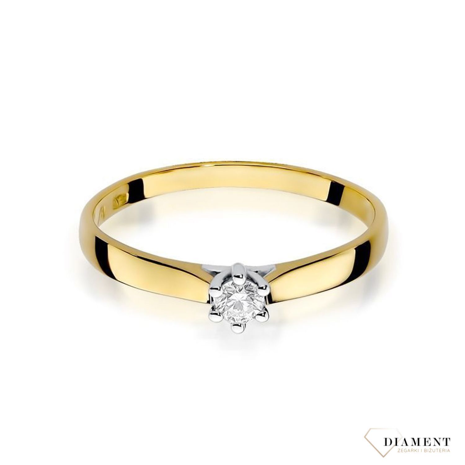 Złoty pierścionek damski 585 z Jednym centralnym Diamentem 0.10 ct DIAPRSW222Z585B0.10  Pierścionek z żółtego 14 karatowego złota z Diamentami, idealny prezent dla każdej kobiety. Możliwość zamówienia Twojego Rozmiaru..jpg