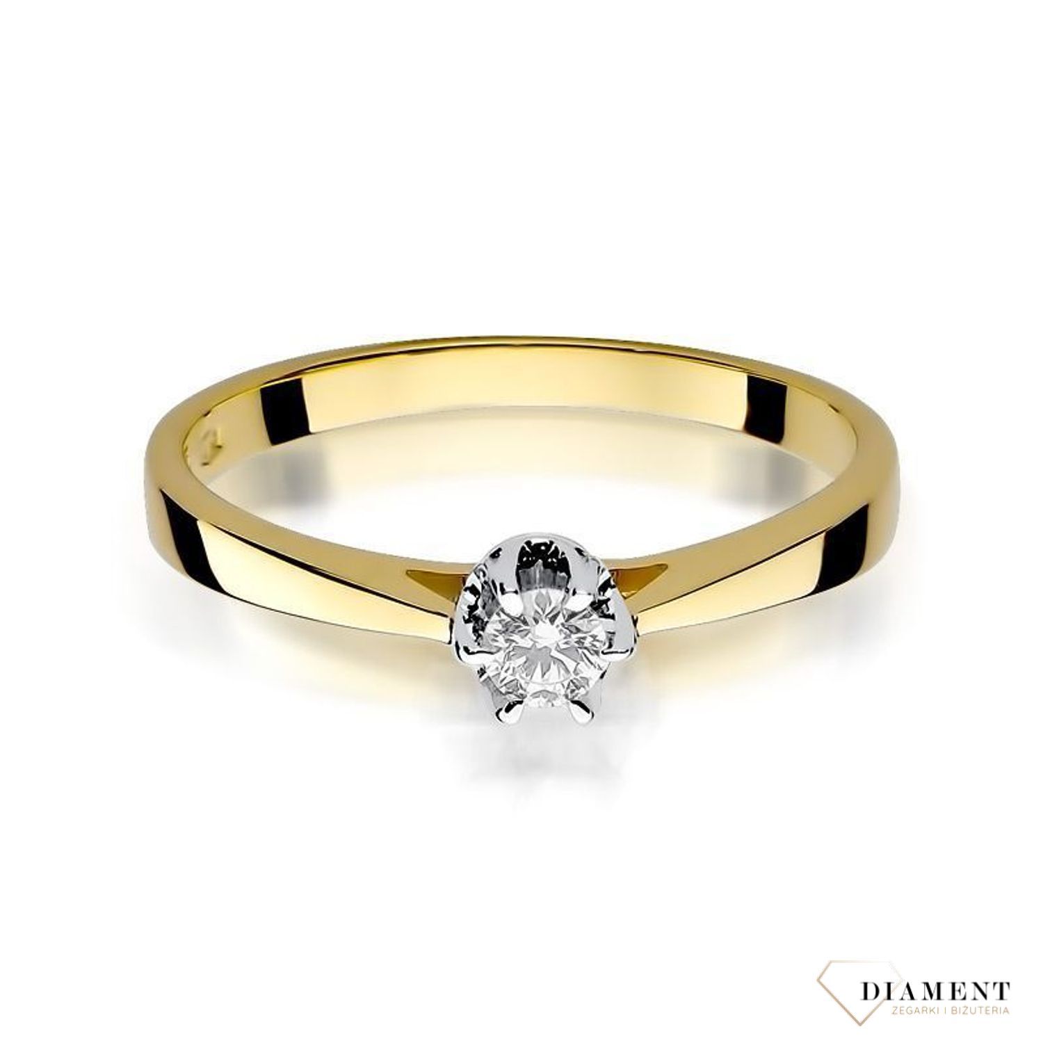 Złoty pierścionek damski 585 z Jednym centralnym Diamentem 0.12 ct DIAPRSW295Z585B0.12 Pierścionek z żółtego 14 karatowego złota z Diamentami, idealny prezent dla każdej kobiety. Możliwość zamówienia Twojego Rozmiaru..jpg