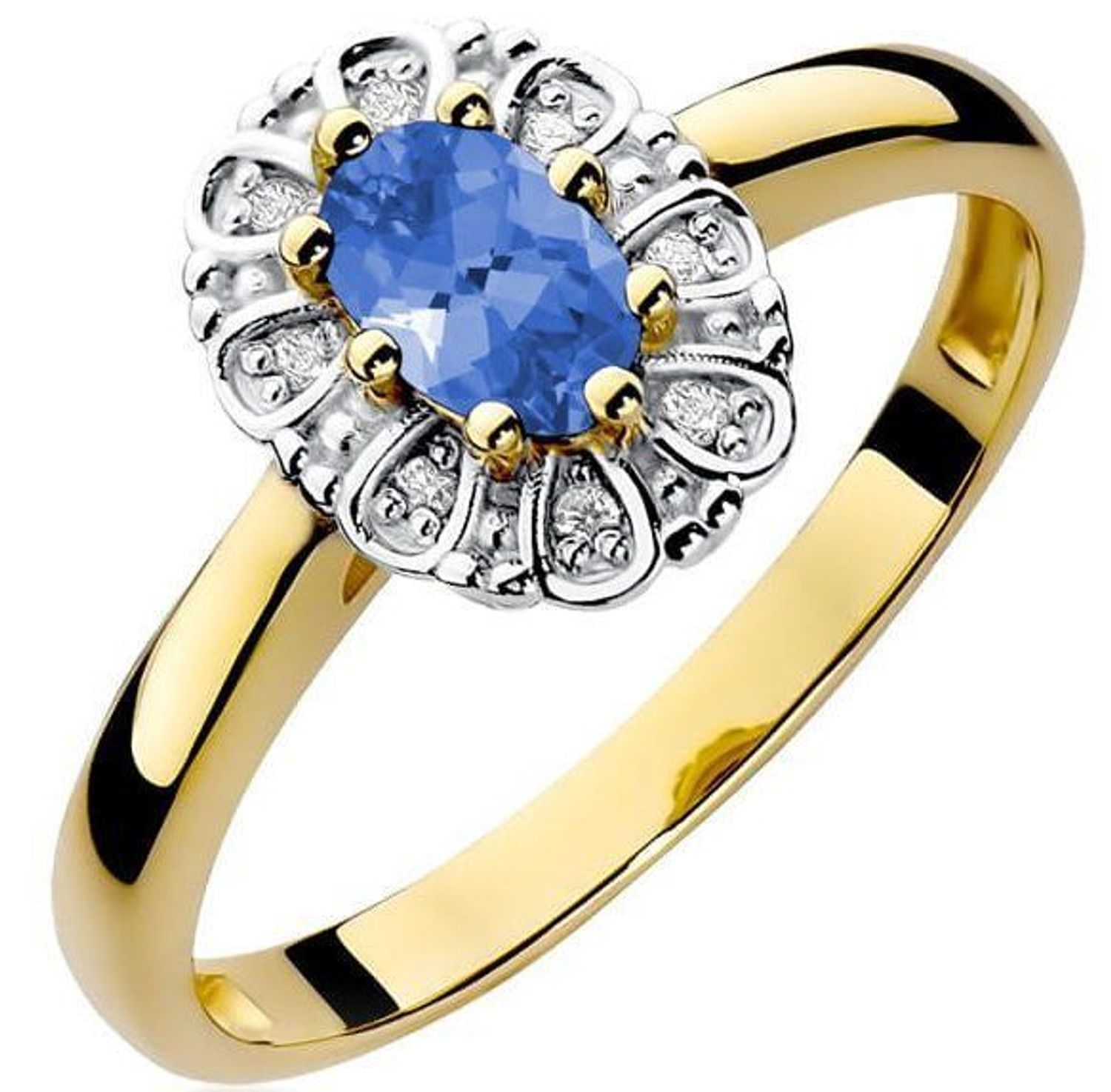 Pierścionek złoty tanzanit z brylantami DIAPRSW304Z585TA0,40 Złoty pierścionek damski 585 z Jednym centralnym kamieniem tanzanitem, ozdobiony do okoła ośmioma diamentami wielkości 0.07 ct1.jpg