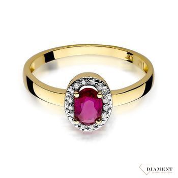 Złoty pierścionek damski 585 Owalny 0,60 ct Rubin otulony Diamentami 0.08 ct DIAPRSW330Z585R0.60 Pierścionek z żółtego 14 karatowego złota z Diamentami, idealny prezent dla każdej kobiety. Możliwość zamówienia Twojeg.jpg
