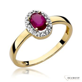 Złoty pierścionek damski 585 Owalny 0,60 ct Rubin otulony Diamentami 0.08 ct DIAPRSW330Z585R0.60 Pierścionek z żółtego 14 karatowego złota z Diamentami, idealny prezent dla każdej kobiety. Możliwość zamówienia Twojego Rozmia.jpg