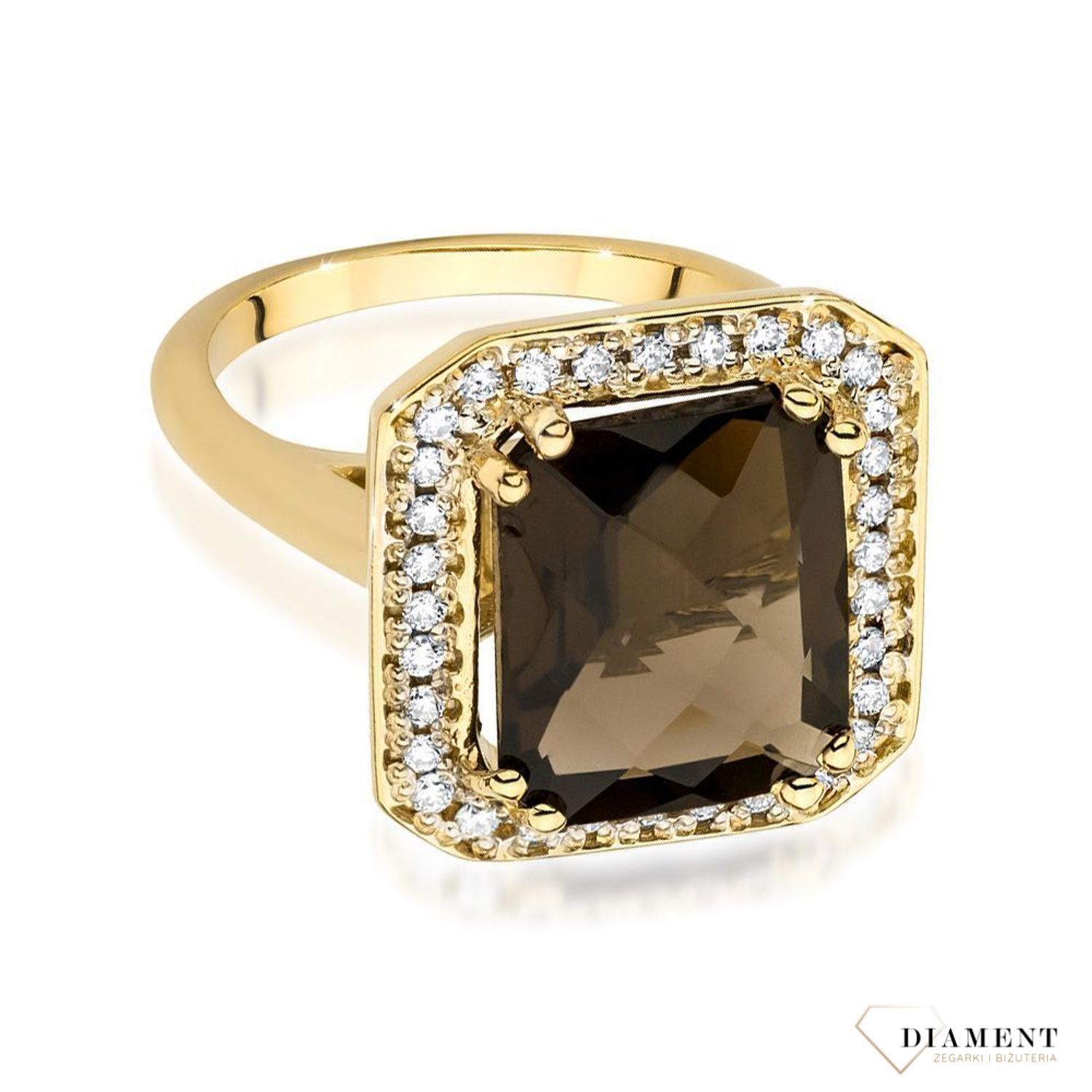 Złoty pierścionek damski 585 Duży Kwarc Dymny i Diamenty 0.27 ct DIAPRSW481Z585K4.00 Pierścionek z żółtego 14 karatowego złota z Diamentami, idealny prezent dla każdej kobiety. Możliwość zamówienia Twojego Rozmiaru..jpg