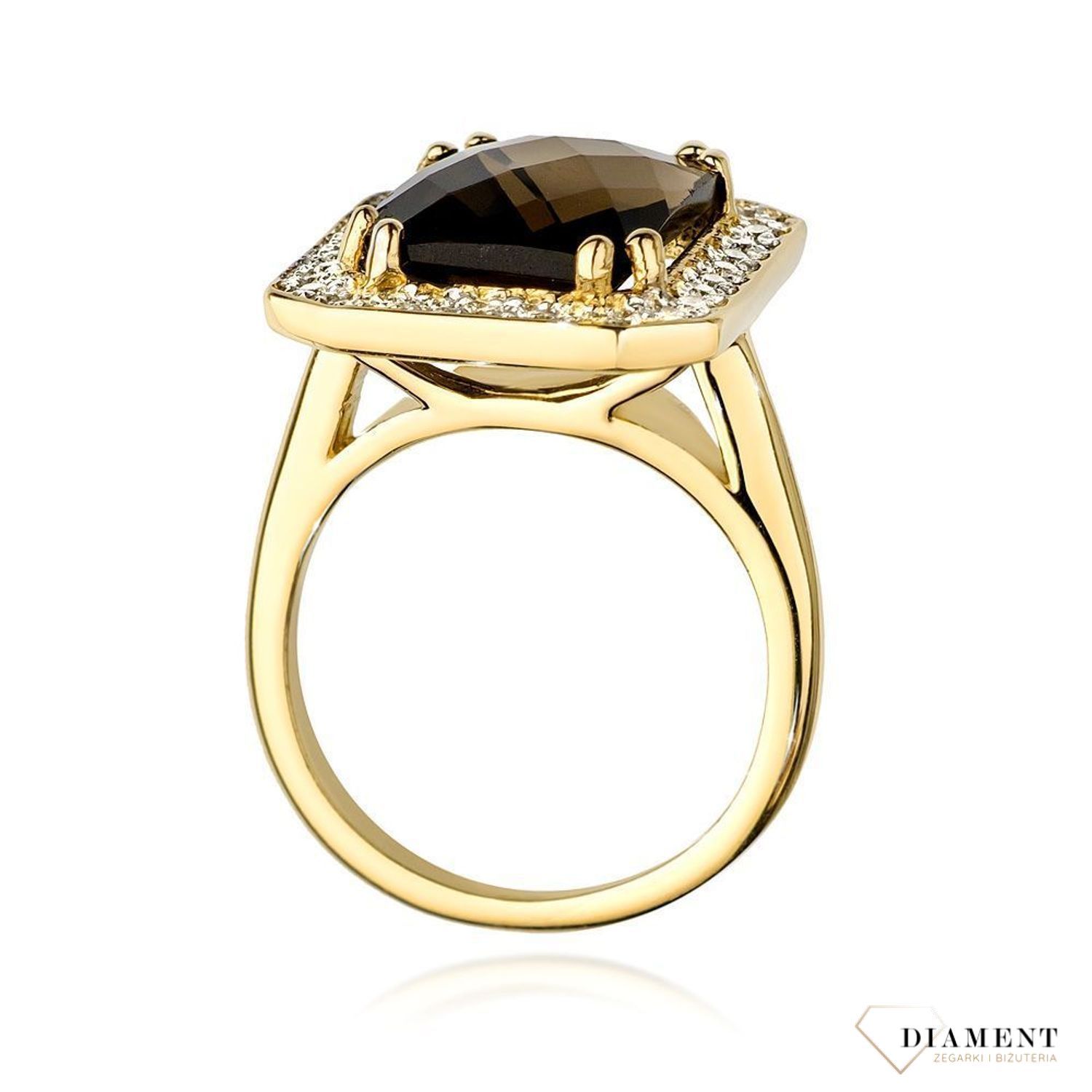 Złoty pierścionek damski 585 Duży Kwarc Dymny i Diamenty 0.27 ct DIAPRSW481Z585K4.00 Pierścionek z żółtego 14 karatowego złota z Diamentami, idealny prezent dla każdej kobiety. Możliwość zamówienia Twojego Rozmiaru..jpg