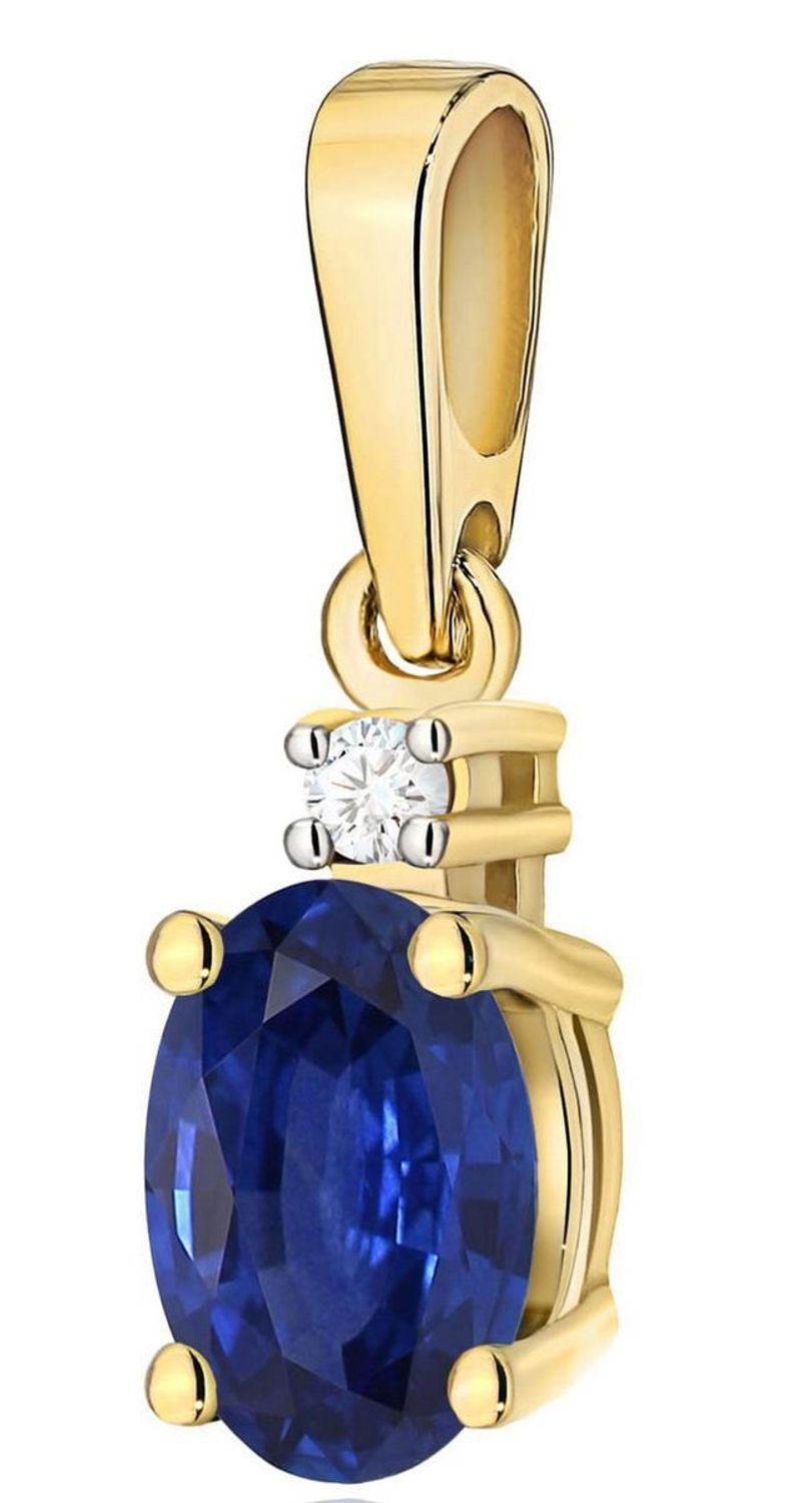 Zawieszka złota Z0001 z szafirem 0.70 ct i diamentem SI2 H 1.5 mm. Wykonana z żółtego złota próby 585, wymiary 4 x 15 mm, waga 0.5–0.9 g. 1.jpg