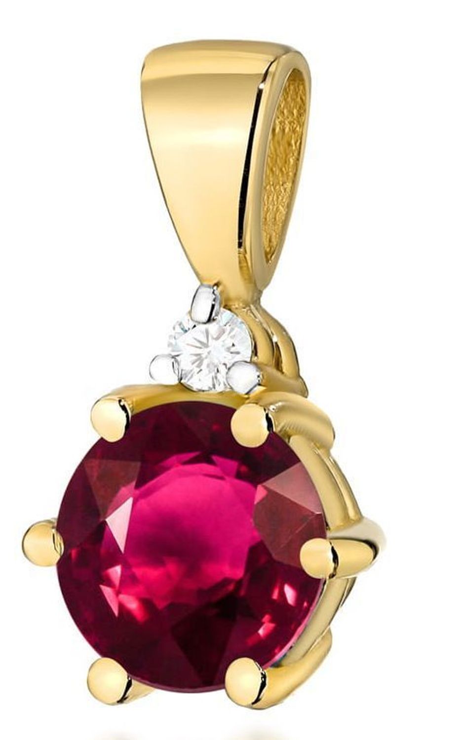 Zawieszka złota Z0076 z rubinem 0.60 ct i diamentem SI2 H 1.5 mm. Wykonana z żółtego złota próby 585, wymiary 6 x 12 mm, waga 0.4–0.8 g. 1.jpg