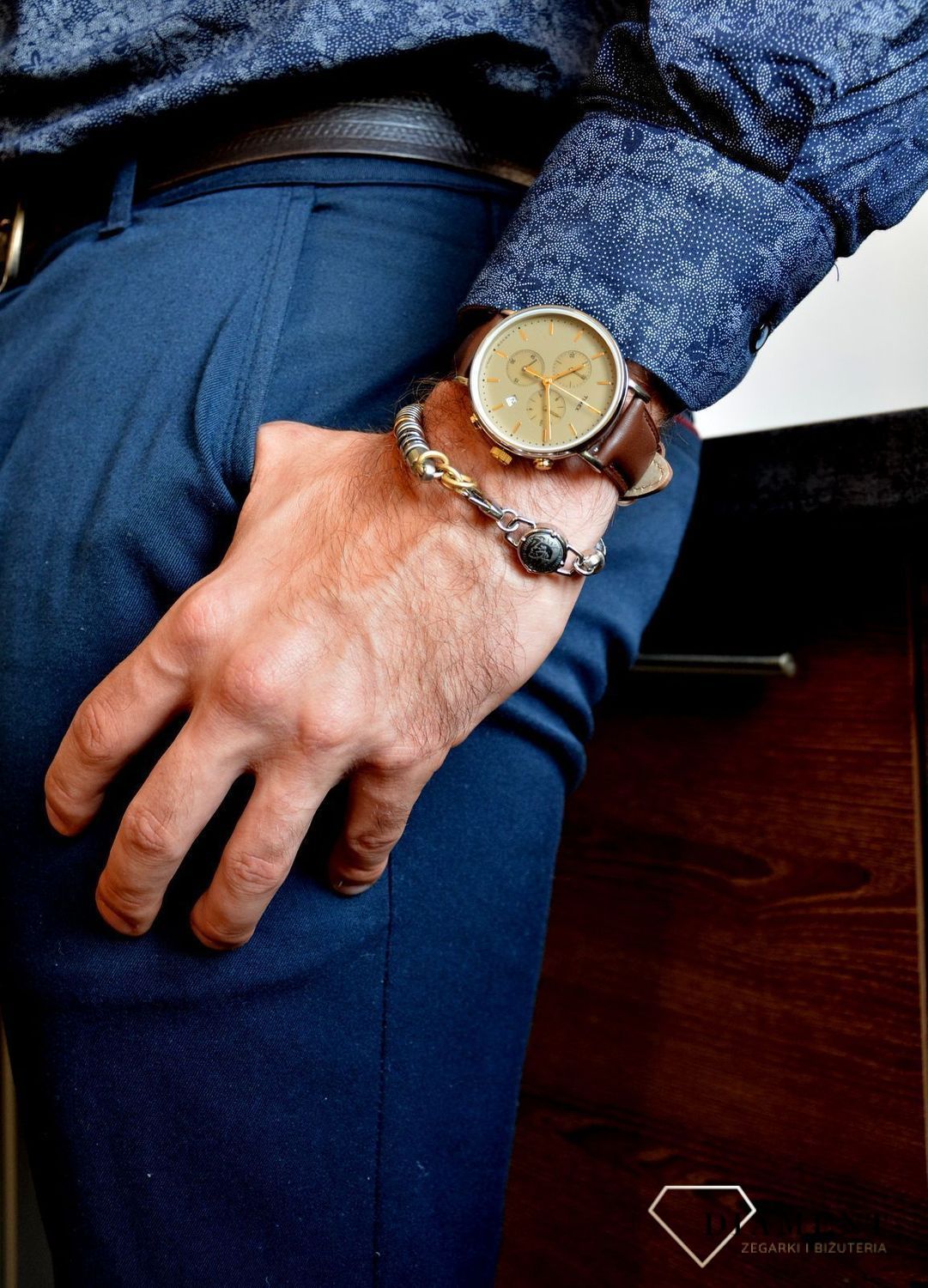 Bransoletka meska stalowa z ozdobnymi elementami złota i srebra.jpg