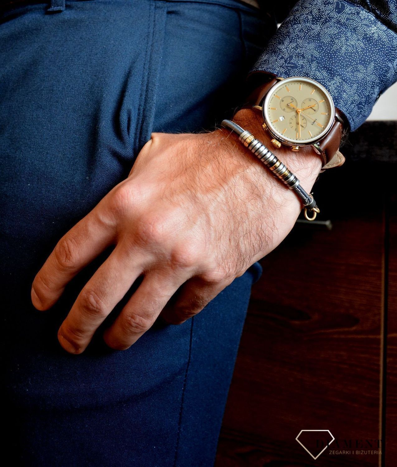 Bransoletka meska stalowa z ozdobnymi elementami złota i srebra.jpg