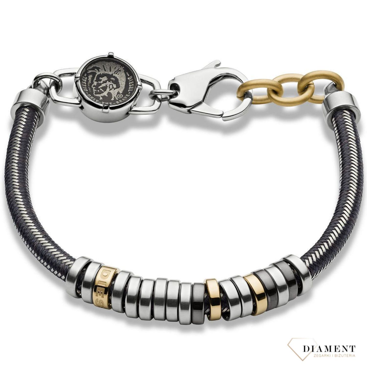 Bransoletka meska stalowa z ozdobnymi elementami złota i srebra.jpg