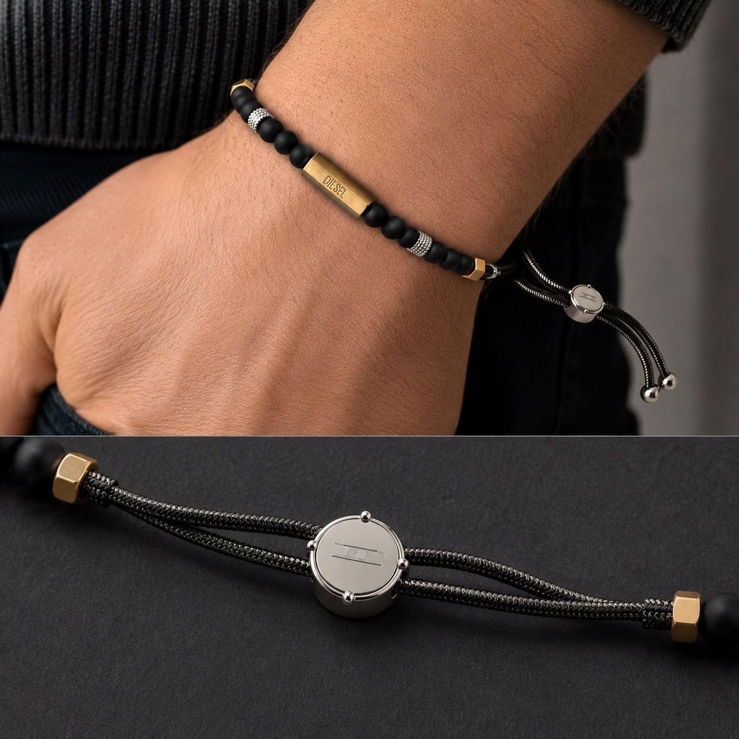 Bransoletka męska Diesel Beads DX1269710 czarna stal agat złote detale.jpg