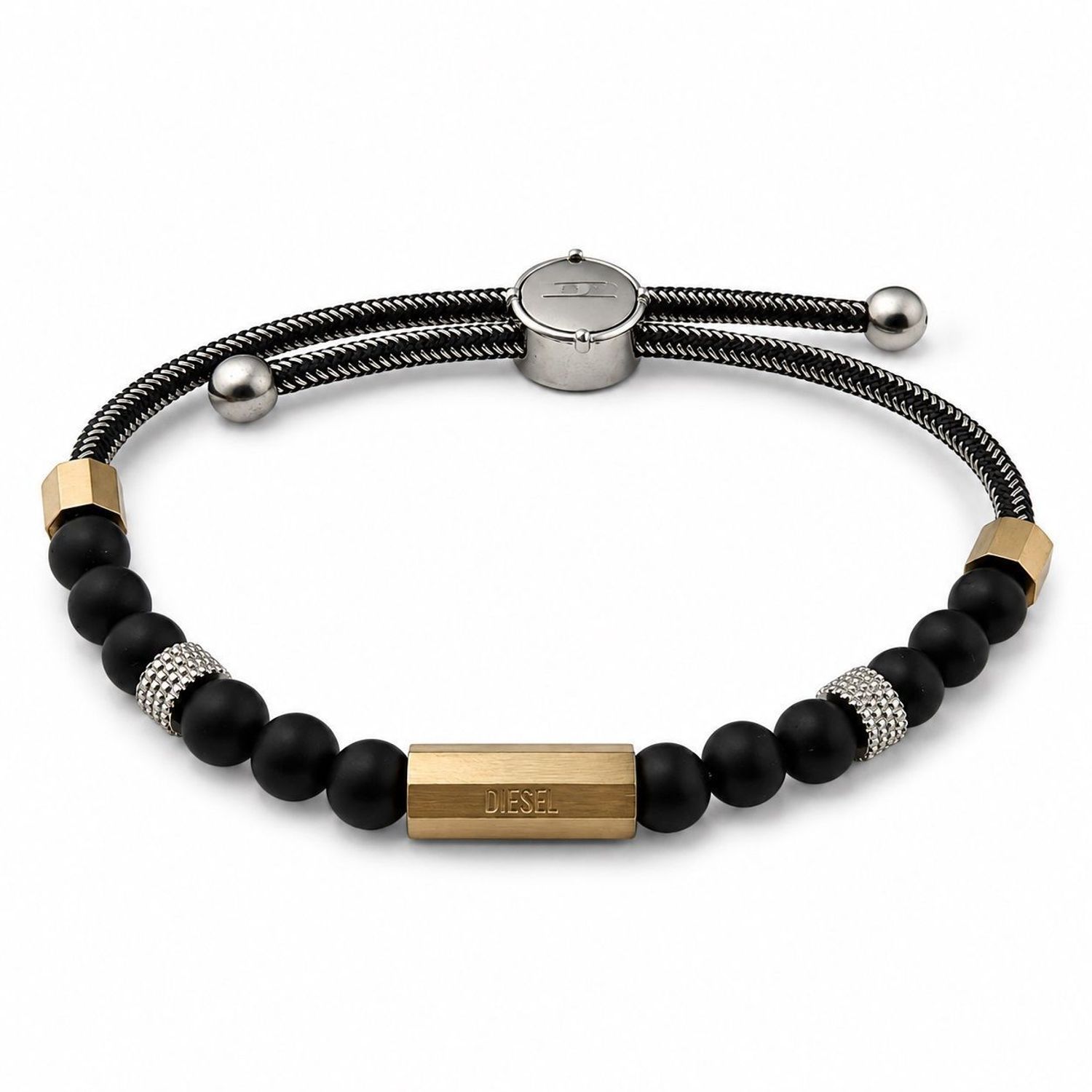 Bransoletka męska Diesel Beads DX1269710 czarna stal agat złote detale.jpg