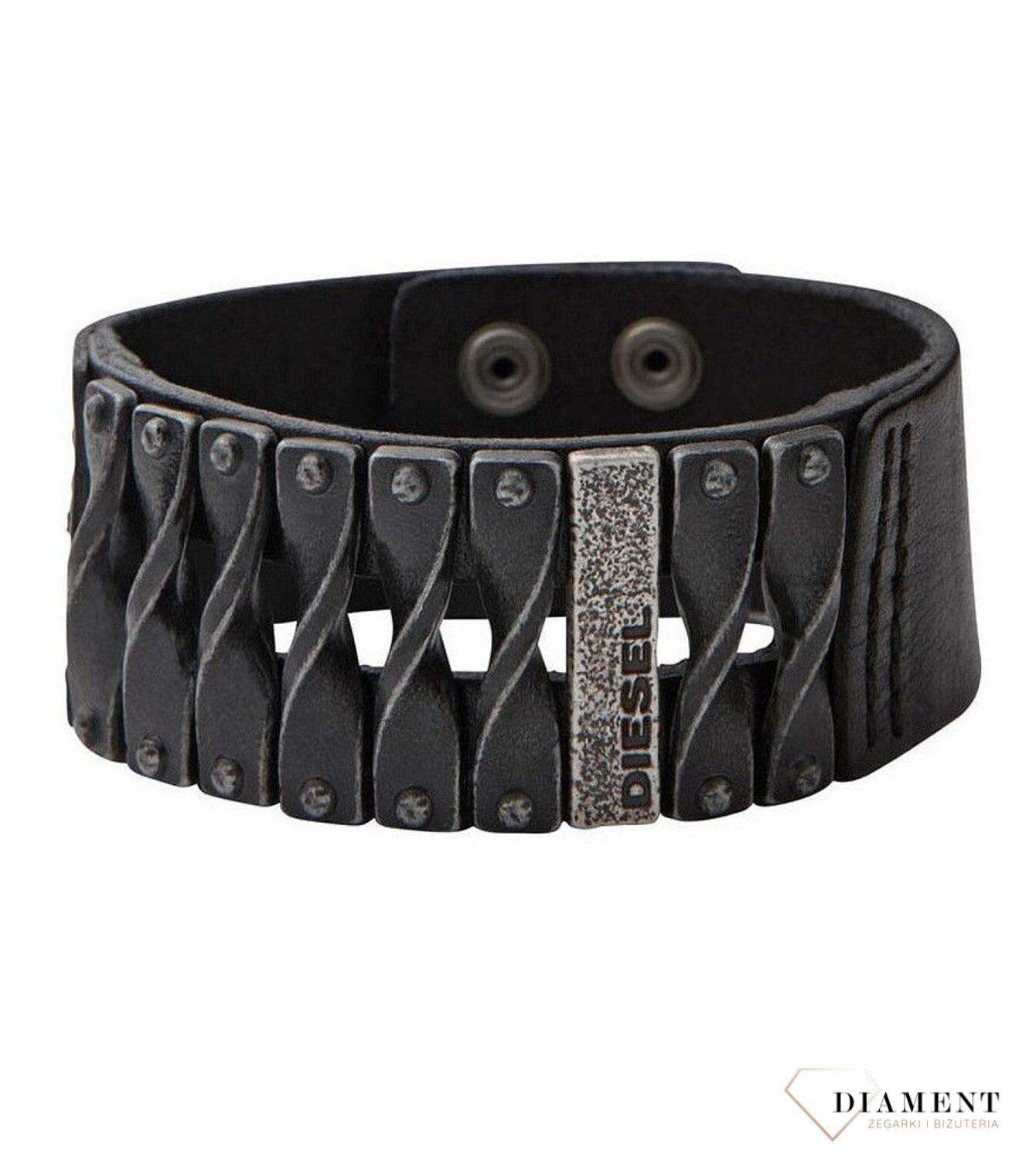 Biżuteria męska Bransoletka męska 'Szeroki skórzany Diesel' DXM0579040 wykonana ze skóry w czarnym kolorze z elementami stali szlachetnej i dużym czytelnym napisem DIESEL-001.jpg