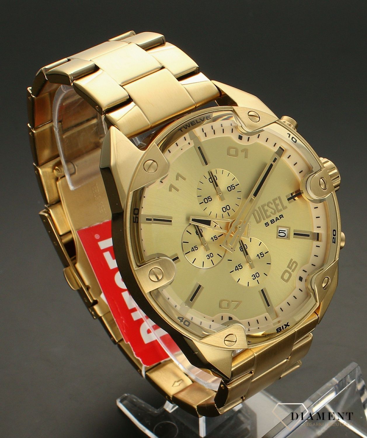 Zegarek męski Diesel DZ4608 z kolekcji SPIKED DZ4608. Męski zegarek w złotym kolorze. Zegarek męski Diesel na bransolecie. Zegarek modowy. Zegarek idealny na prezent..webp