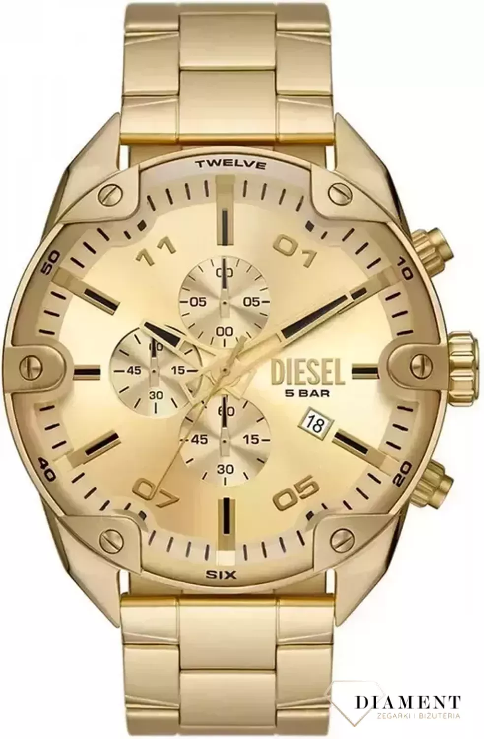 Zegarek męski Diesel DZ4608 z kolekcji SPIKED DZ4608. Męski zegarek w złotym kolorze. Zegarek męski Diesel na bransolecie. Zegarek modowy. Zegarek idealny na prezent..webp