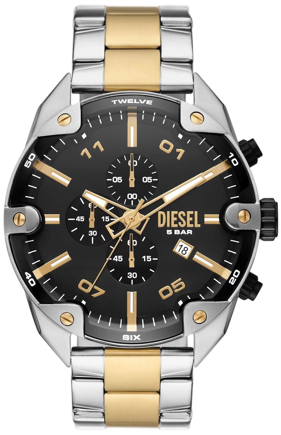 1 Zegarek męski Diesel Spiked Chronograph na bransolecie DZ4625. Męski zegarek nowoczesny. Zegarek męski Diesel. Zegarek męski z chronografem. Zegarek męski Diesel idealny dla mężczyzny na prezent. Zegarek męski srebrno złoty..jpg