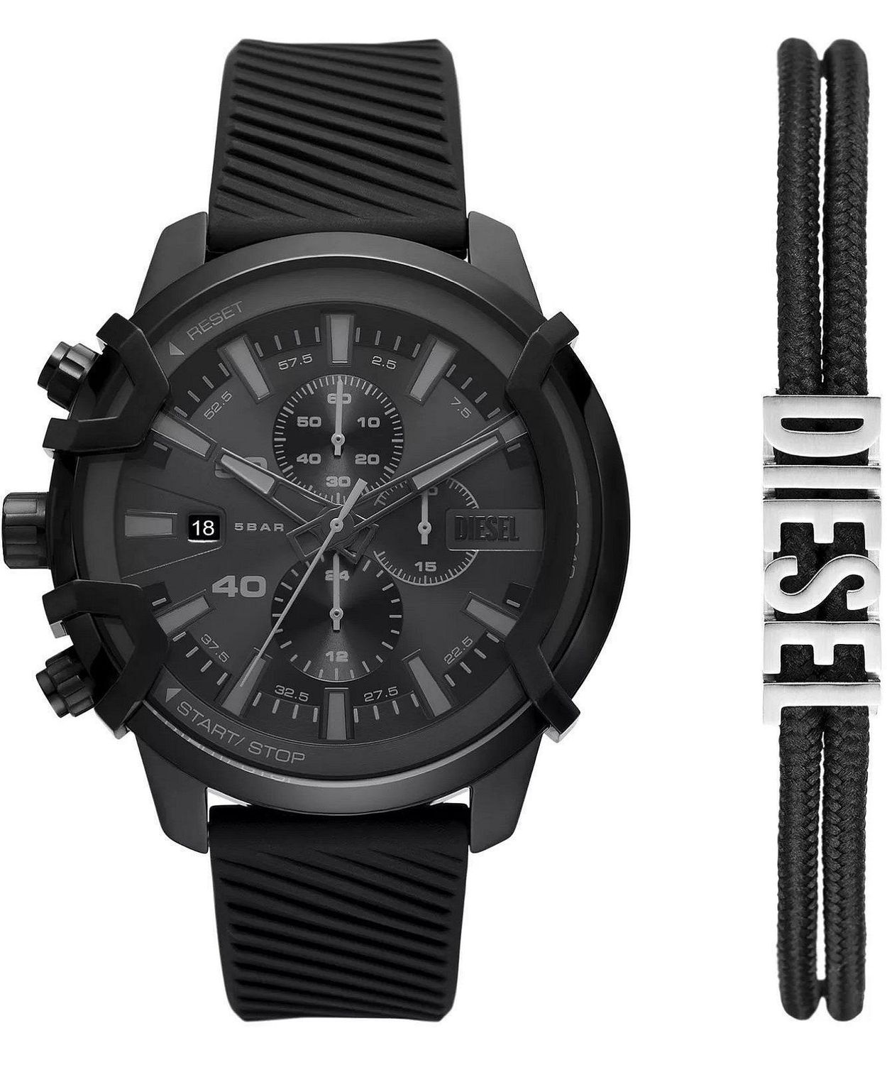 Diesel DZ4650SET Griffed Gift Set to modowy zestaw prezentowy z czarnym zegarkiem kwarcowym. Stalowa koperta, szkło mineralne, pasek z tworzywa, wodoszczelność 5 ATM, chronograf (stoper do 1h), datownik oraz tryb 1224h.1.jpg