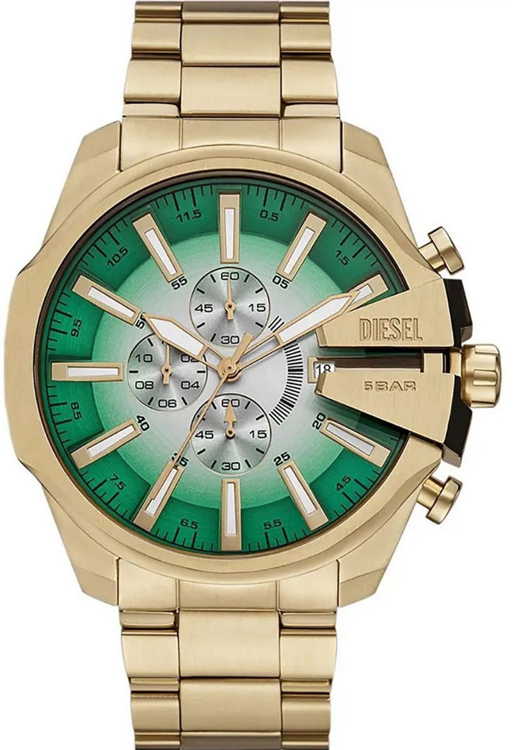 Zegarek męski Diesel DZ4684 Mega Chief Slim Gold z chronografem, stalową złotą kopertą i bransoletą, mineralnym szkłem, zieloną tarczą, datownikiem i wodoszczelnością 50 m – nowoczesny i 1.jpg