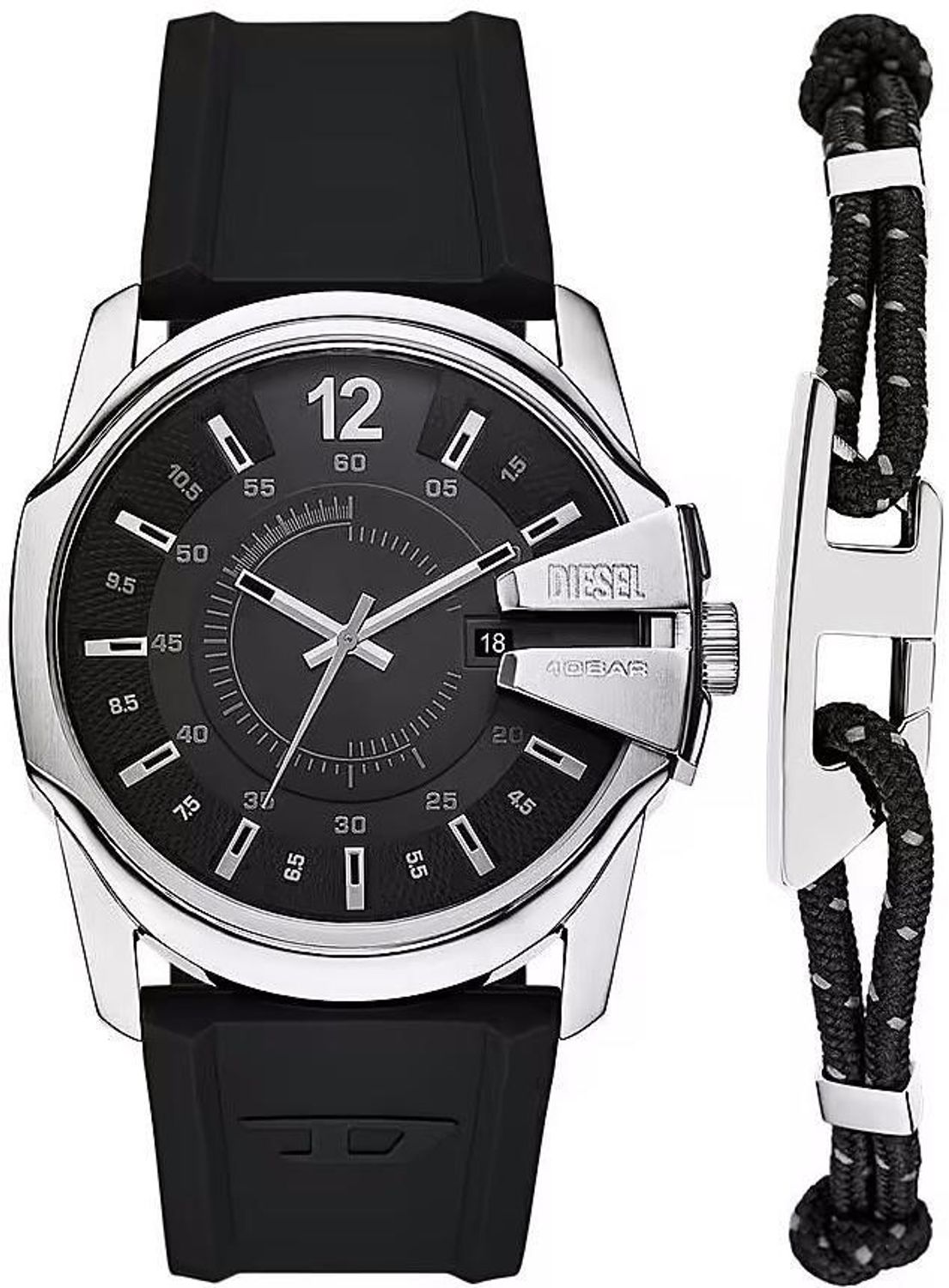 Diesel DZ4700SET Master Chief to męski zegarek kwarcowy z czarną tarczą, stalową kopertą i silikonowym paskiem. Posiada datownik, szkło mineralne oraz zakręcany dekiel. Idealny do stylu casual i aktywnego dnia.1.jpg