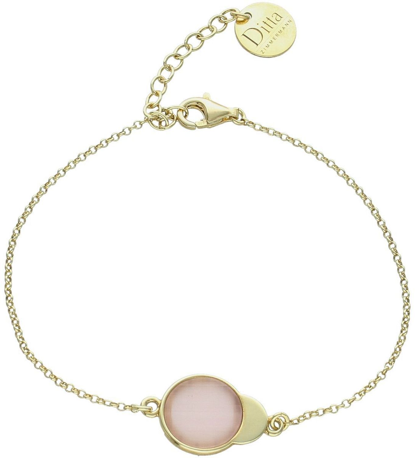 Pozłacana bransoletka srebrna 925 DZB342RKOZ z różowym kamieniem 1,5 × 1,2 cm. Długość 17+3 cm, zapięcie na karabińczyk, waga 2,65 g. Delikatna i romantyczna biżuteria idealna na prezent.1.jpg