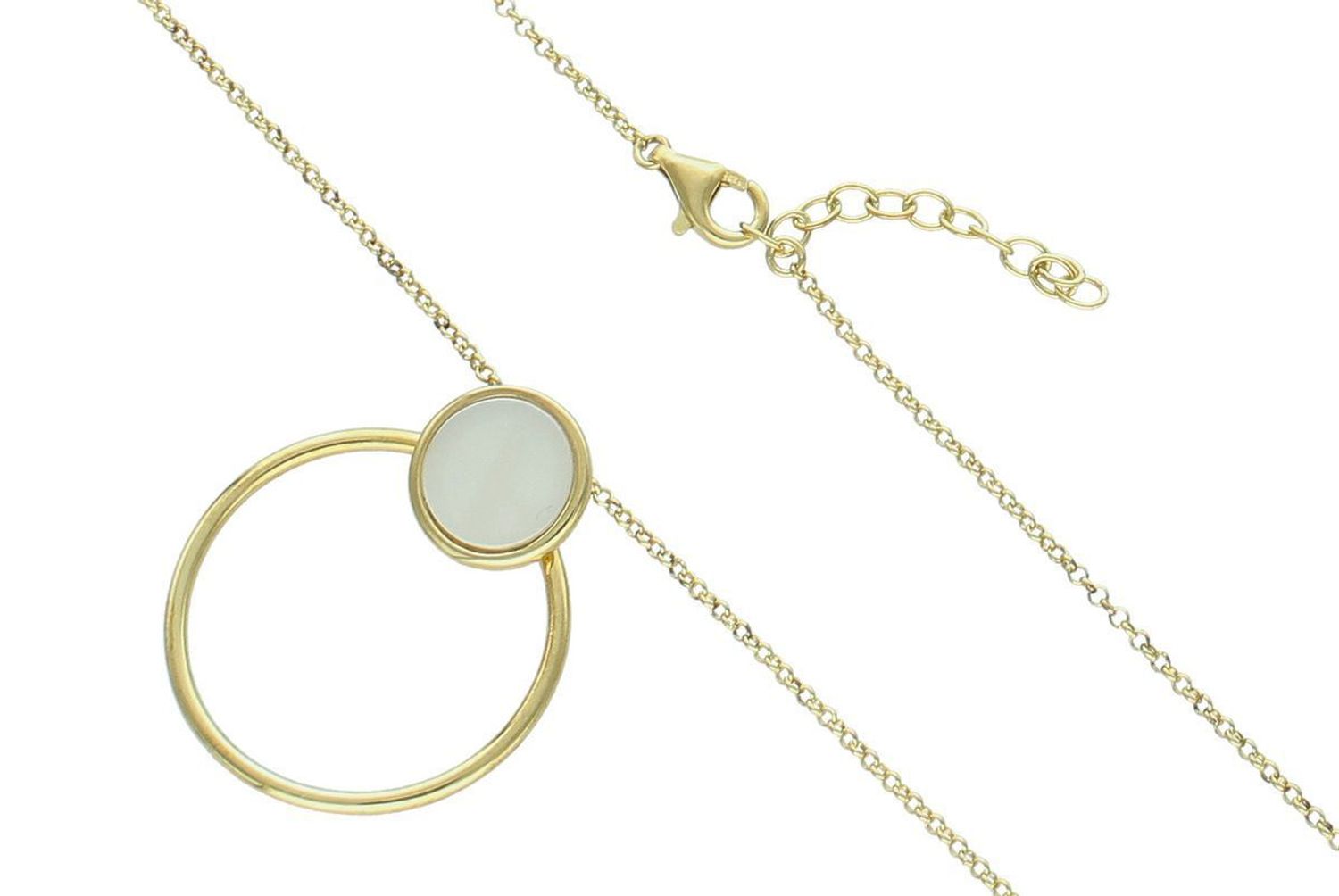 Naszyjnik damski pozłacany ze srebra 925 z zawieszką otwarte kółko i masa perłowa. Długość 45 cm + 3 cm. Waga 4,55 g. Subtelna i elegancka biżuteria na co dzień i na prezent.1.jpg