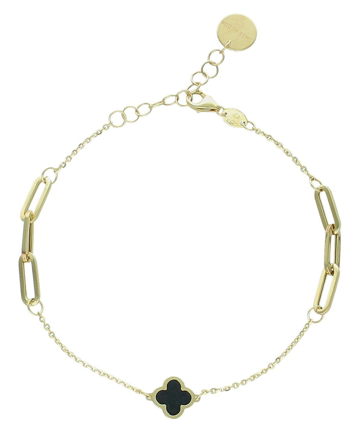 Bransoletka złota z czarną koniczynką pr 585, E0OR017239551901 Złota bransoletka celebrytka ozdobiona czarną cyrkonią. Ponadczasowa, klasyczna biżuteria, w której harmonijne wzory wspaniale łączą1.jpg