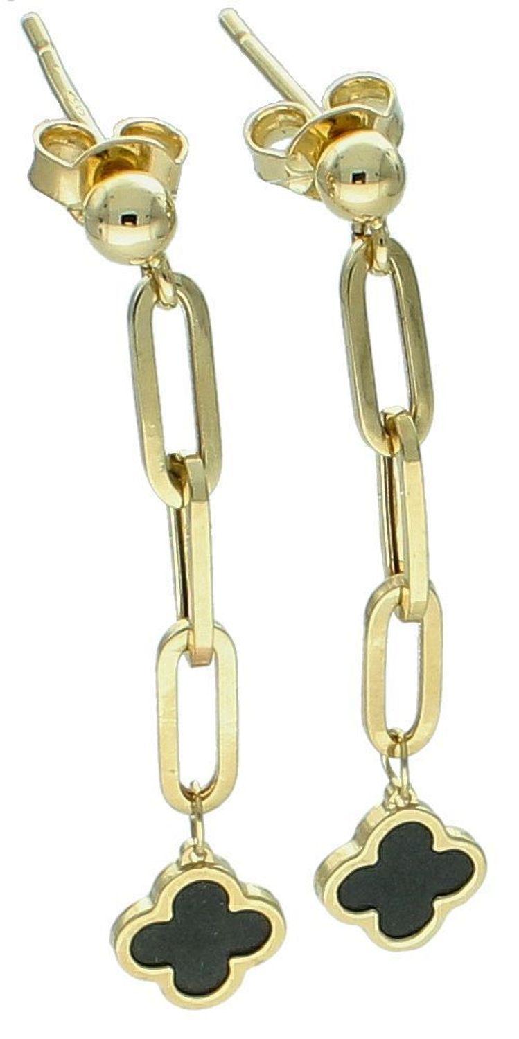 Kolczyki złote wiszące z czarną koniczynką pr 585, E0OR017261880001  Złote kolczyki wykonane z najwyższej jakości żółtego złota, próba 585 ozdobione łańcuszkiem, wykończonego wiszącymi czarnymi koniczynkami.1.jpg
