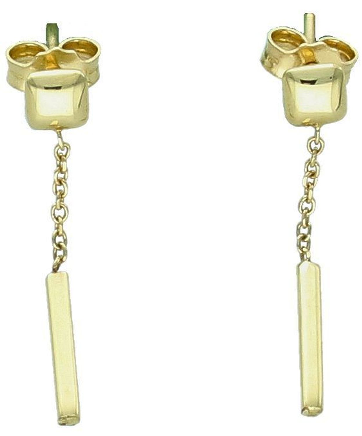 Kolczyki wiszące złote kwadraciki z wiszącym patyczkiem pr 585, E0OR022280050001 Złote kolczyki wykonane z najwyższej jakości żółtego złota, próba 585. Kolczyki w modowym stylu, wpisujące się w obecne trendy modowe.1.jpg