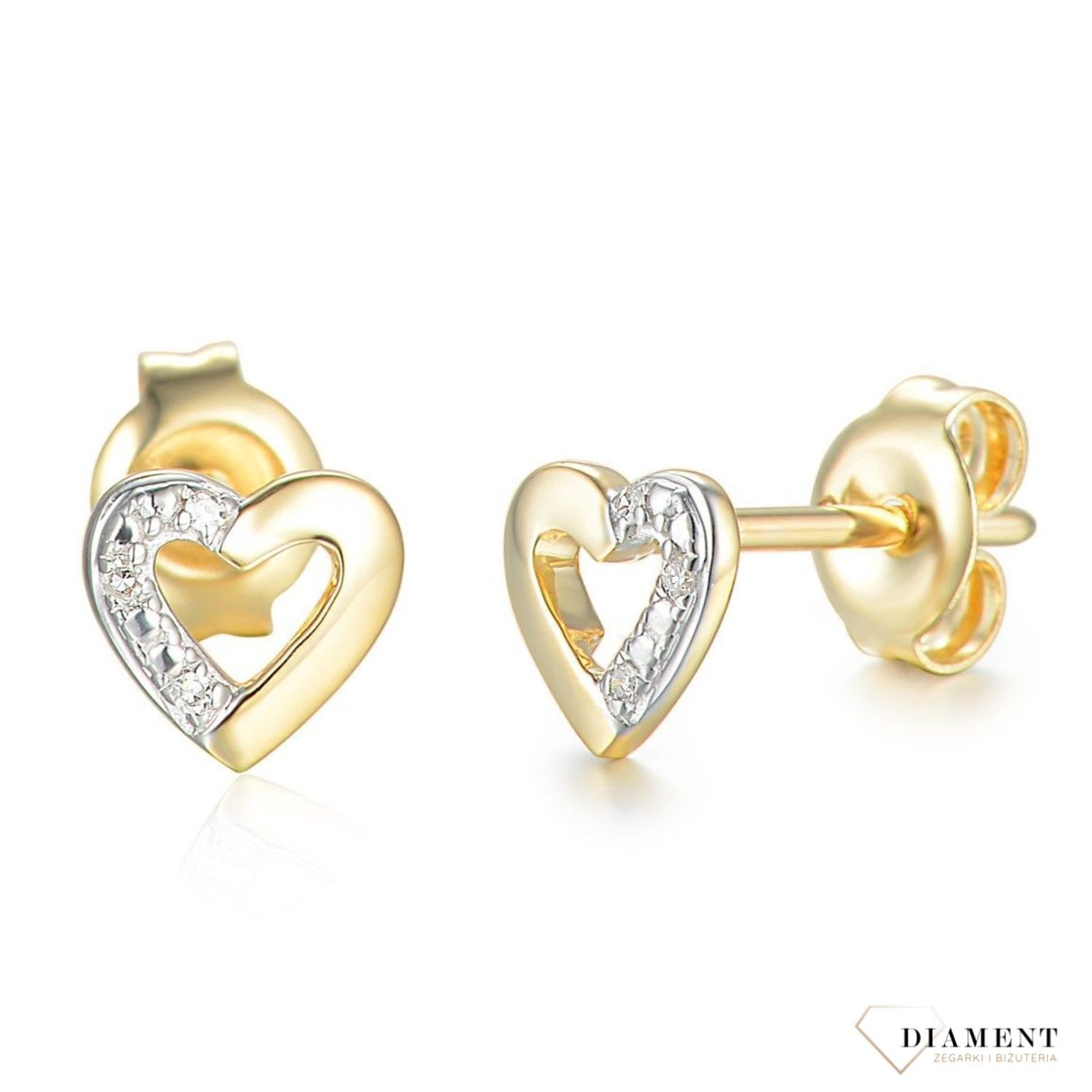 Złote kolczyki damskie 585 Serca z diamentami 0,01 ct E69371YS.  Biżuteria wykonana z żółtego 14 karatowego złota o formie delikatnych serc, oba kolczyki ozdobione sześcioma Diamentami o masie 0,01 ct, barwie H i czystości SI..jpg