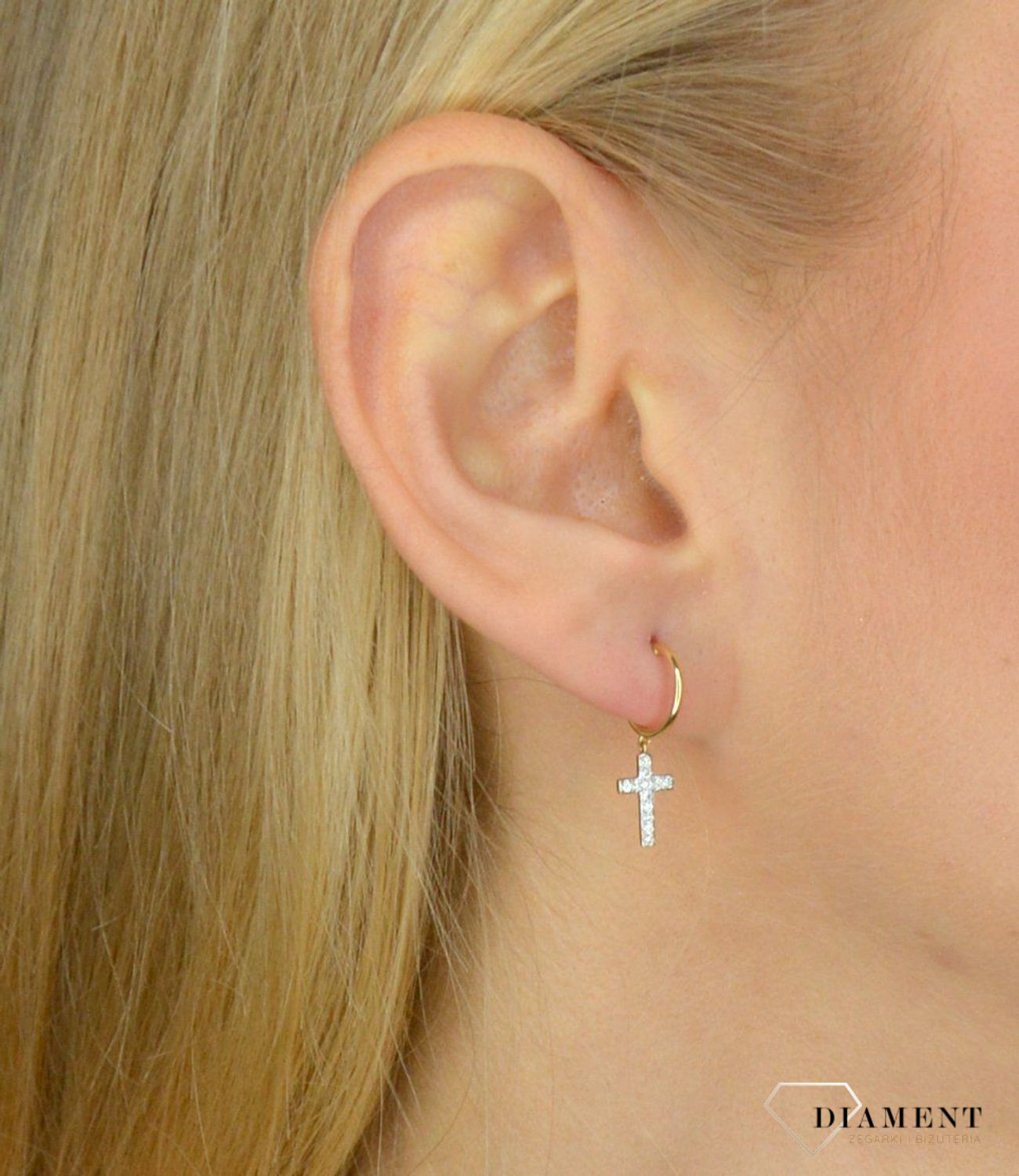 Kolczyki złote DIAMENT 585 krzyżyki na kołach, diamenty 0,11ct E79233YS.webp