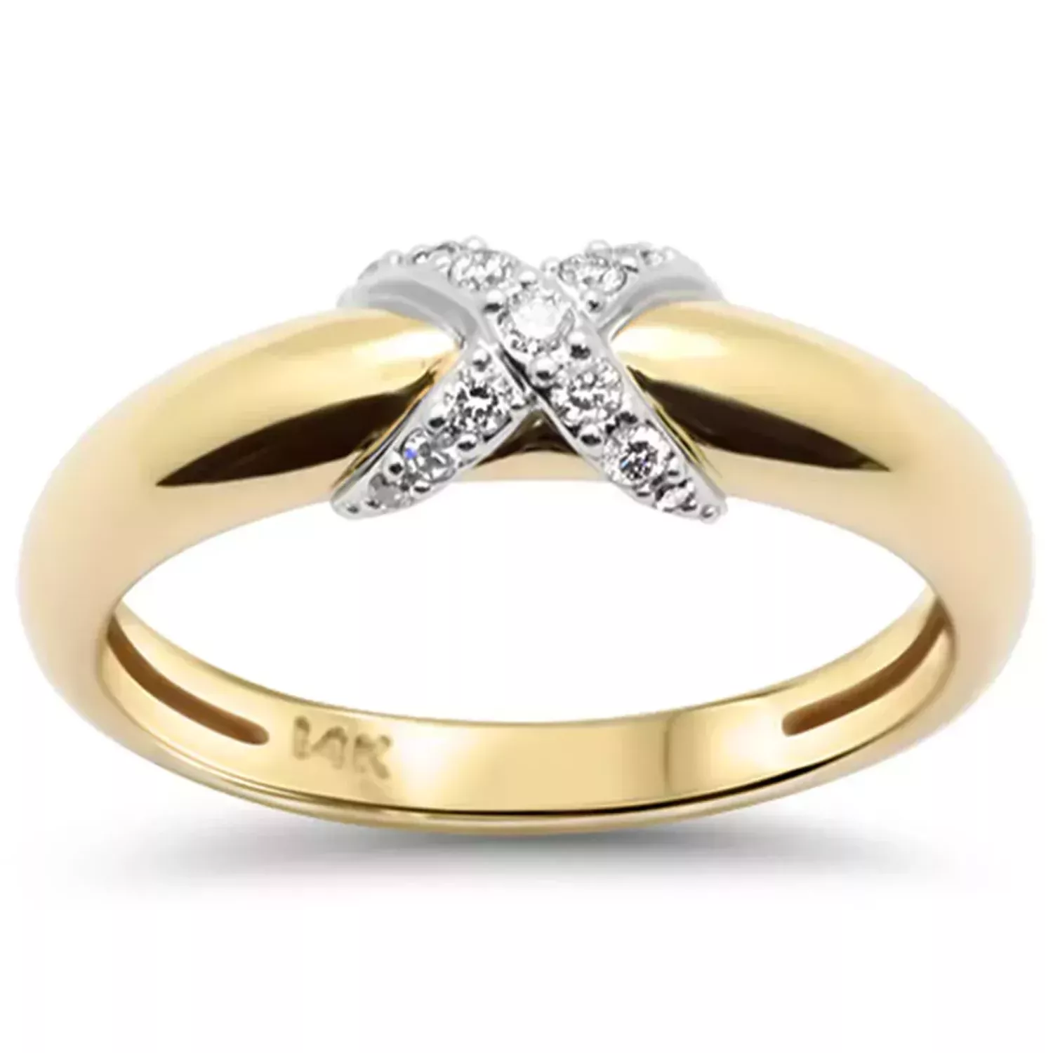 Nowoczesny złoty pierścionek próby 585 z 11 diamentami o masie 0,07 ct.rozmiar 15. Wyjątkowy wzór X, certyfikat i eleganckie opakowanie – idealny na prezent..webp