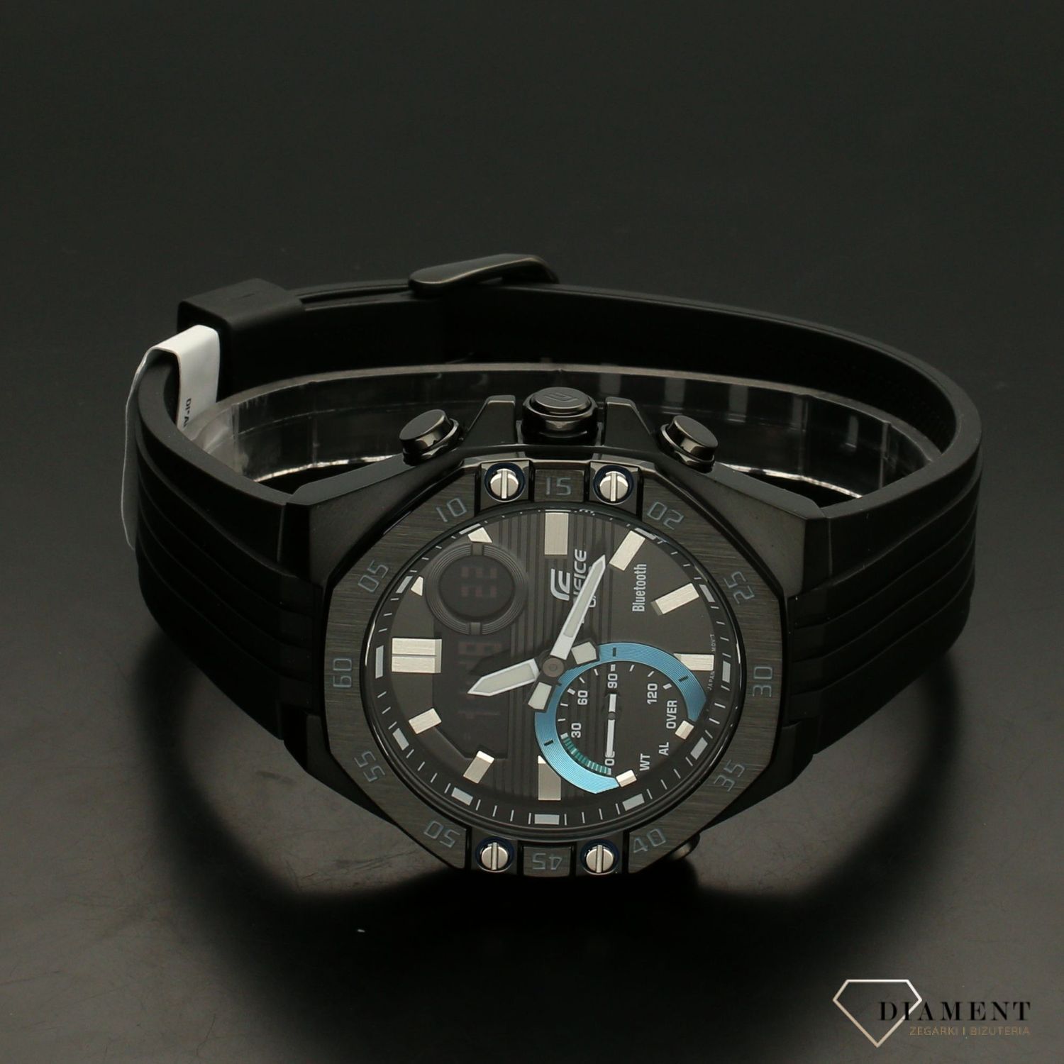 Męski zegarek sportowy na czarnym, gumowym pasku. Zegarek do pływania z bluetooth ECB-10.jpg