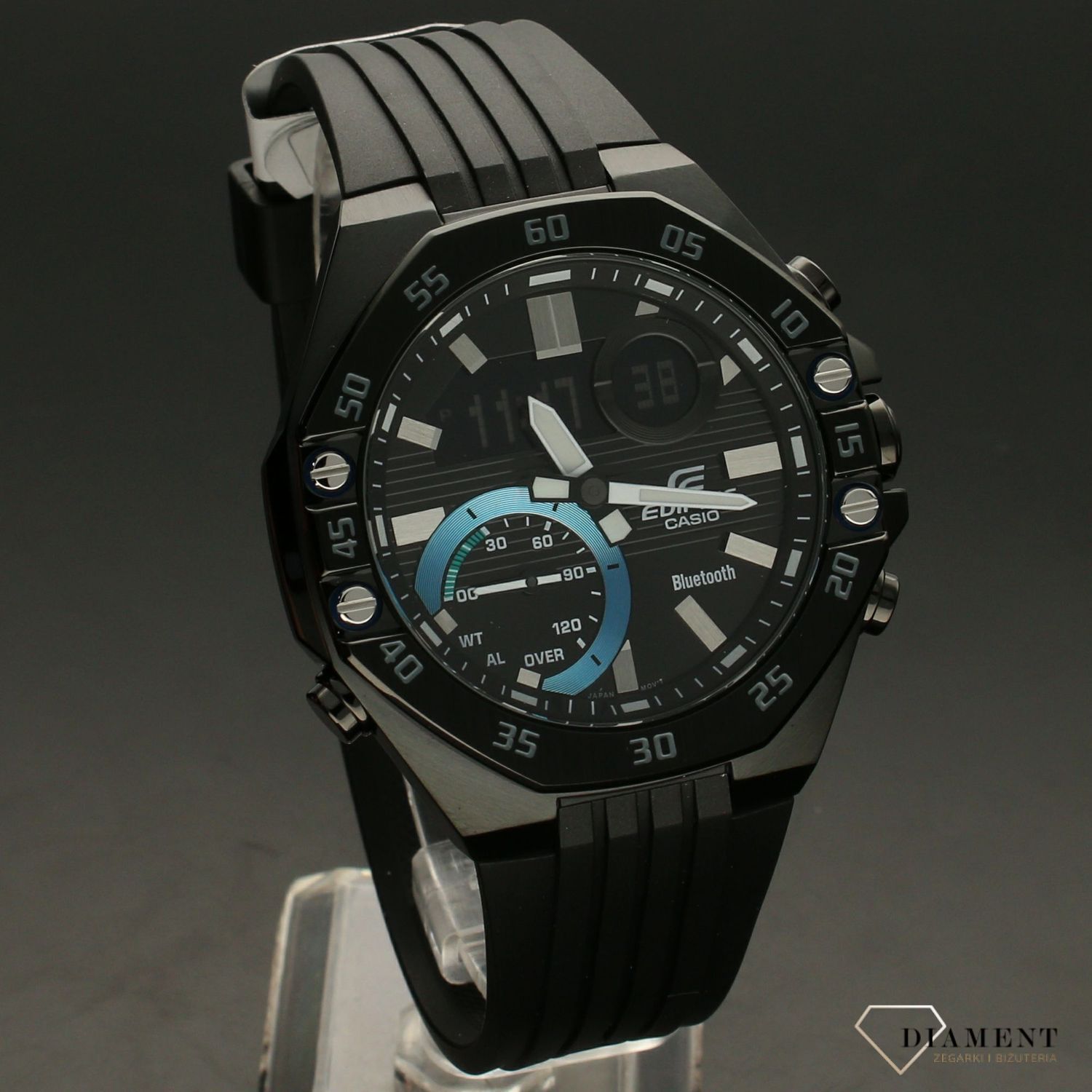 Męski zegarek sportowy na czarnym, gumowym pasku. Zegarek do pływania z bluetooth ECB-10.jpg