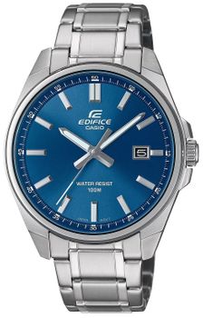 Zegarek męski EDIFICE Casio Classic EFV-150D-2AVUEF. Męski zegarek Casio Edifice. Zegarek męski na bransolecie Casio Edifice. Zegarek męski z wysoką wodoszczelnością. Zegarek męski na prezent z niebieską tarczą..jpg