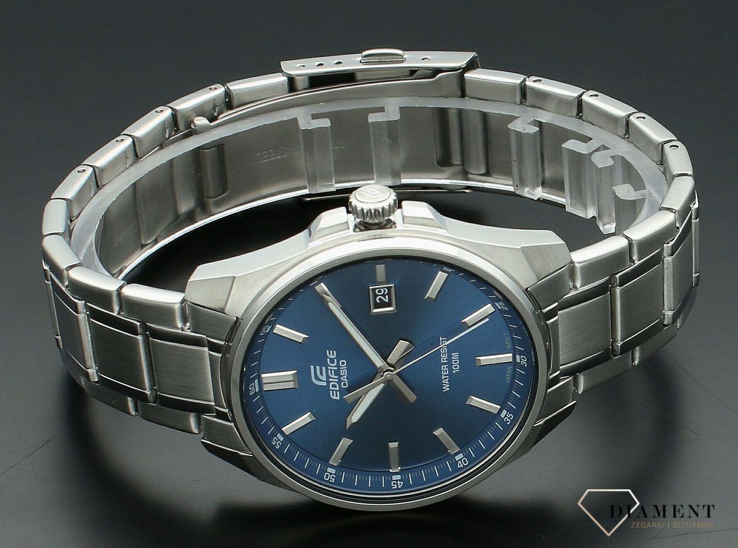 Zegarek męski EDIFICE Casio Classic EFV-150D-2AVUEF. Męski zegarek Casio Edifice. Zegarek męski na bransolecie Casio Edifice. Zegarek męski z wysoką wodoszczelnością. Zegarek męski na prezent z niebieską tarczą..jpg