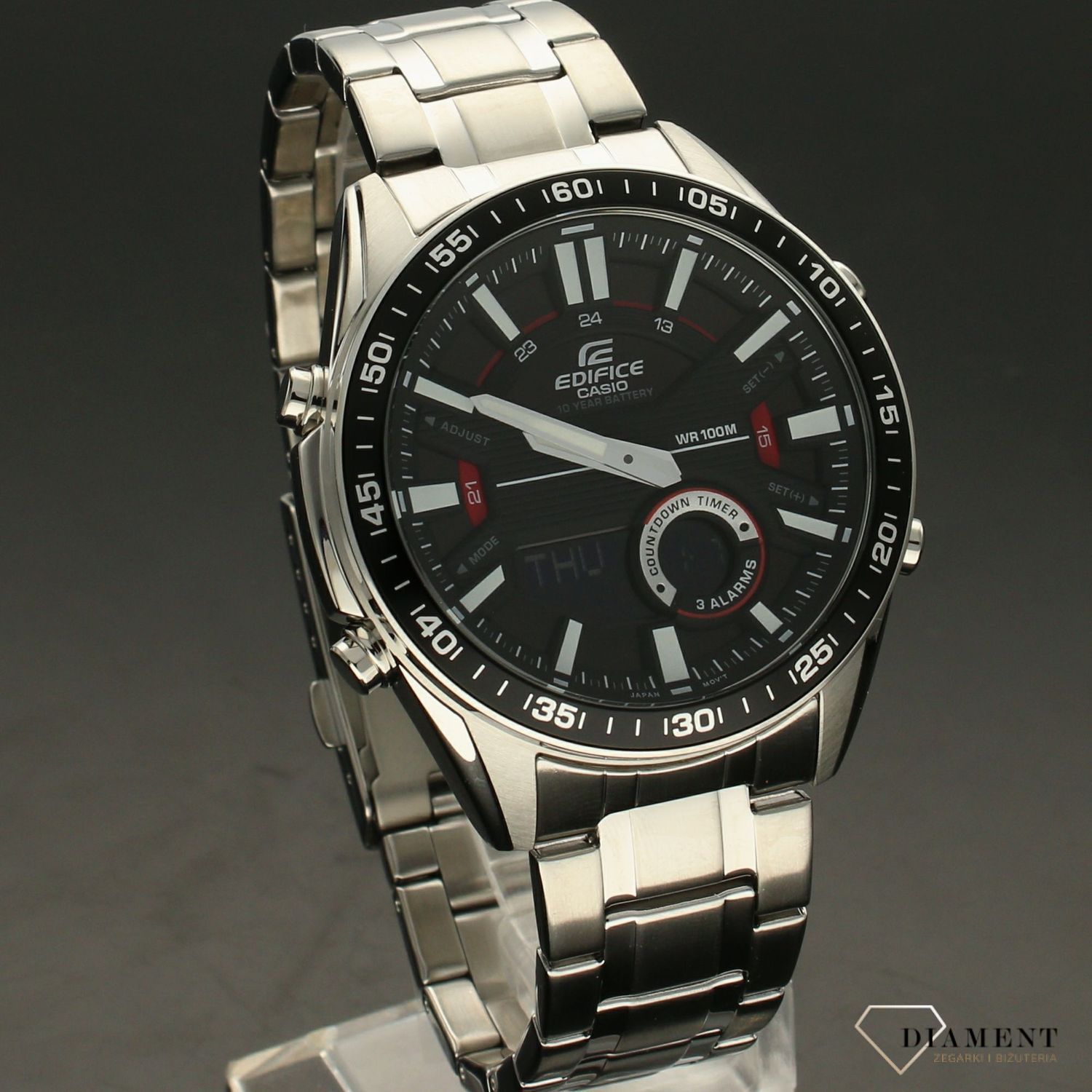 Zegarek męski Casio EDIFICE stalowej bransolecie z czarno-czerwoną tarczą i wyświetlaczem. EFV-C100D-1av.jpg