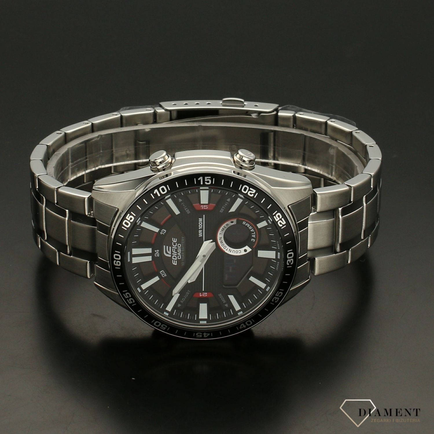 Zegarek męski Casio EDIFICE stalowej bransolecie z czarno-czerwoną tarczą i wyświetlaczem. EFV-C100D-1av.jpg