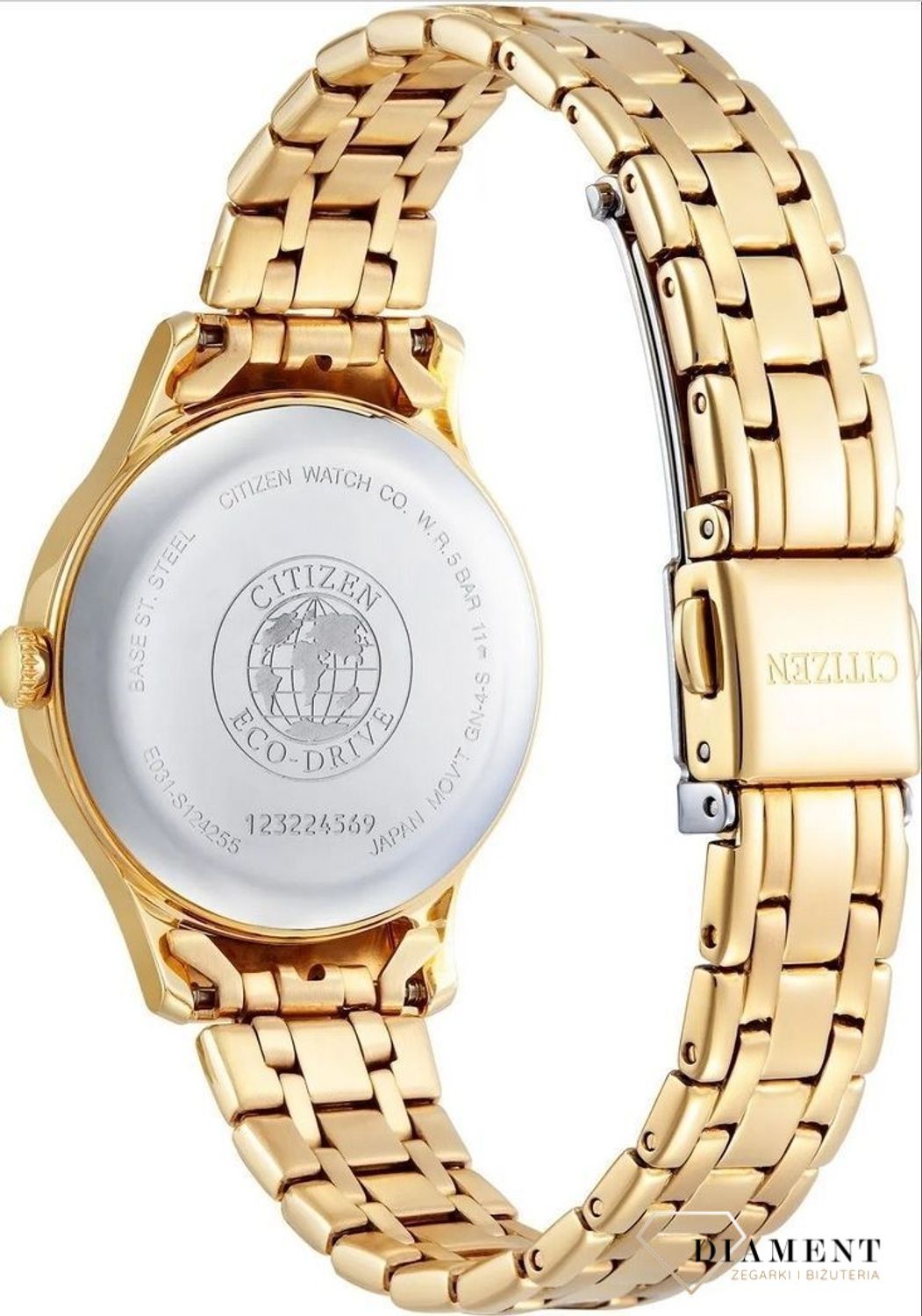 Zegarek damski Citizen Solar Classic z perłową tarczą EM0893-87Y. Zegarek Citizen z perłową tarczą. Zegarek damski w złotym kolorze. Zegarek damski subtelny i klasyczny. Zegarek EcoDrive idealny na prezent dla kobiety.  (2).jpg
