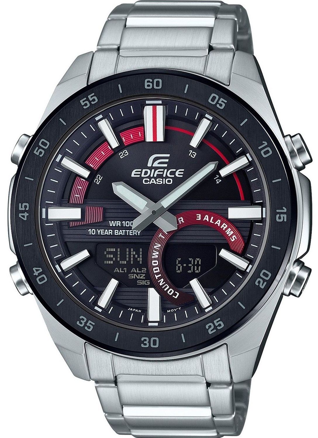 Zegarek męski CASIO Edifice ERA-120DB-1AVEF Zegarek męski Casio EDIFICE stalowej bransolecie z czarno-czerwoną tarczą i wyświetlaczem. ⌚ Idealny na prezent dla mężczyzny 🎁 Zegarek z grawerem (1).jpg
