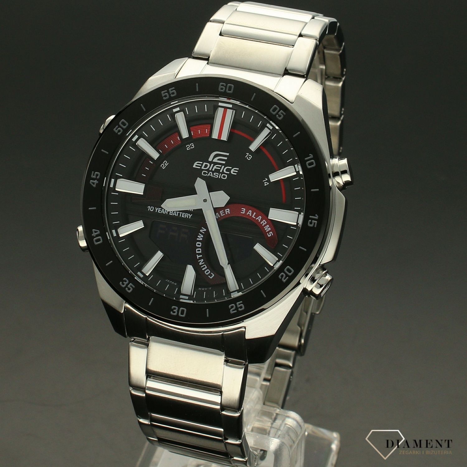 Zegarek męski CASIO Edifice ERA-120DB-1AVEF Zegarek męski Casio EDIFICE stalowej bransolecie z czarno-czerwoną tarczą i wyświetlaczem. ⌚ Idealny na prezent dla mężczyzny 🎁 Zegarek z grawerem (1).jpg