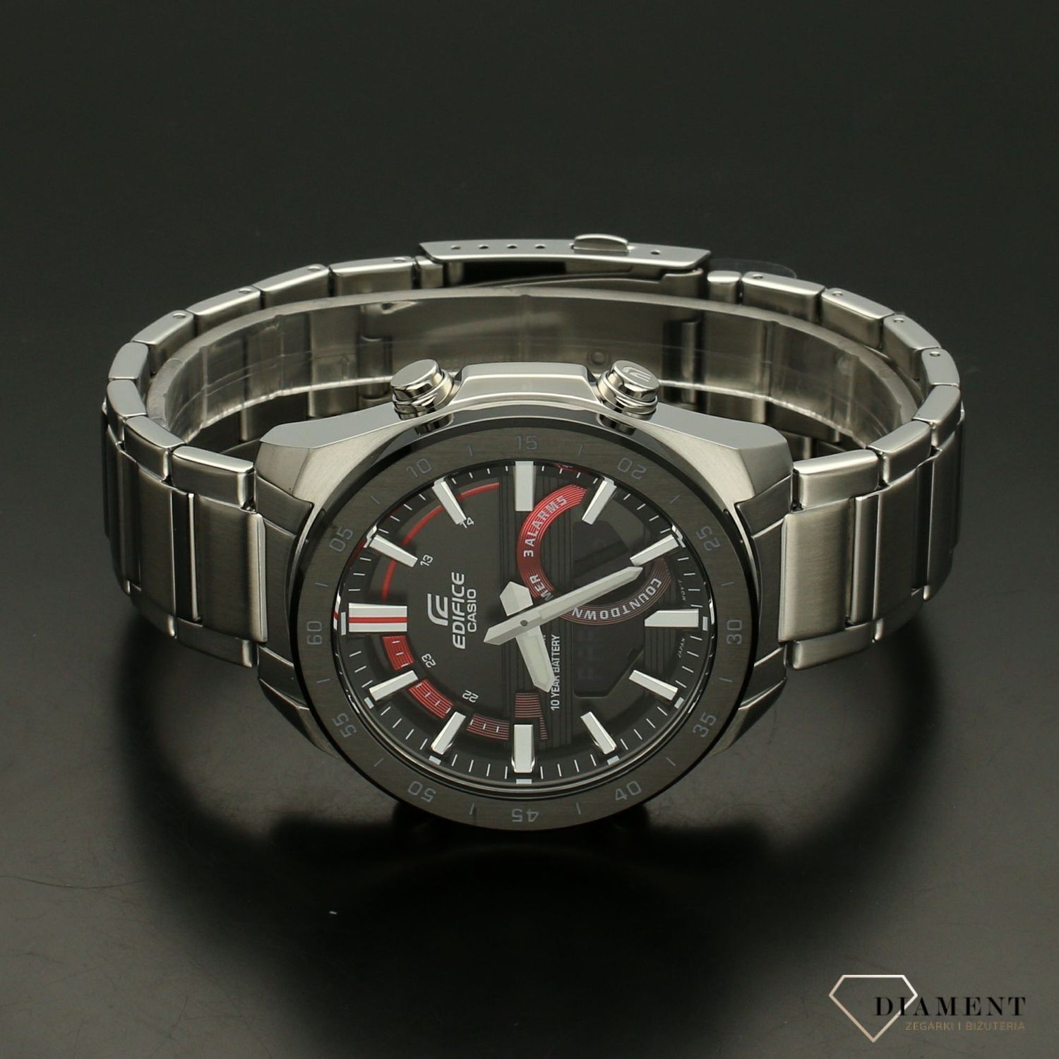 Zegarek męski CASIO Edifice ERA-120DB-1AVEF Zegarek męski Casio EDIFICE stalowej bransolecie z czarno-czerwoną tarczą i wyświetlaczem. ⌚ Idealny na prezent dla mężczyzny 🎁 Zegarek z grawerem (1).jpg