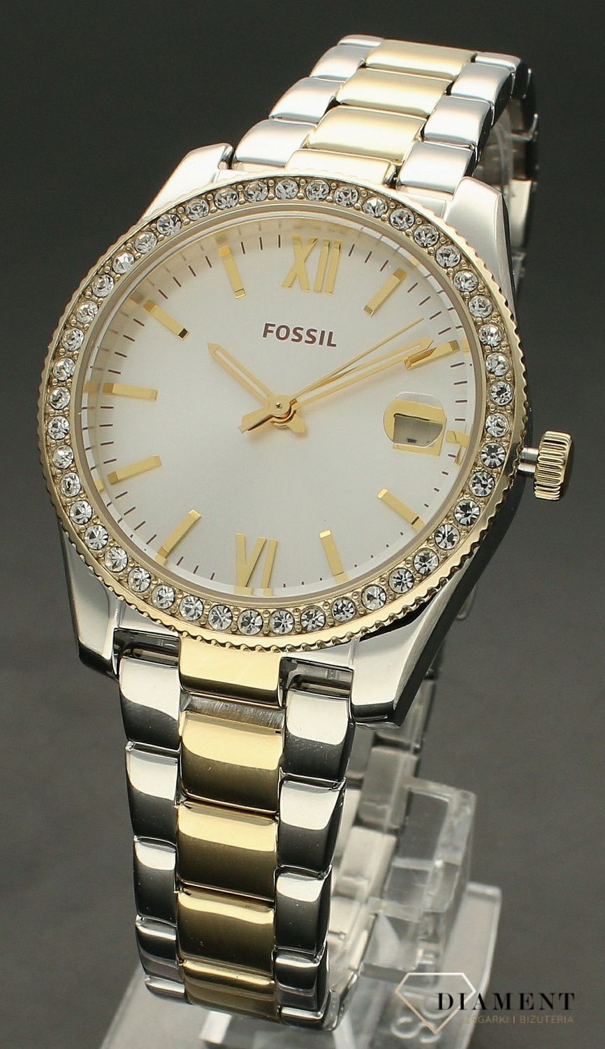 Zegarek damski Fossil SCARLETTE ES4319.  Damski zegarek w złotym kolorze. Złoty zegarek damski Fossil z cyrkoniami. Zegarek damski Fossil na złoto-srebrnej bransolecie. Zegarek damski Fossil na bransolecie na prezent..jpg