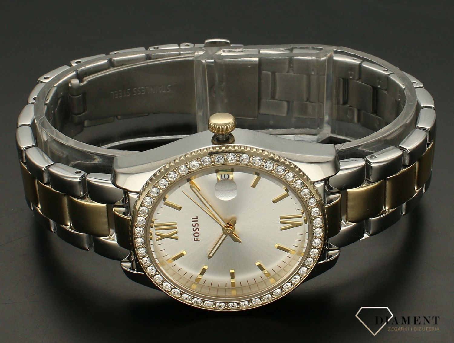 Zegarek damski Fossil SCARLETTE ES4319.  Damski zegarek w złotym kolorze. Złoty zegarek damski Fossil z cyrkoniami. Zegarek damski Fossil na złoto-srebrnej bransolecie. Zegarek damski Fossil na bransolecie na prezent..jpg