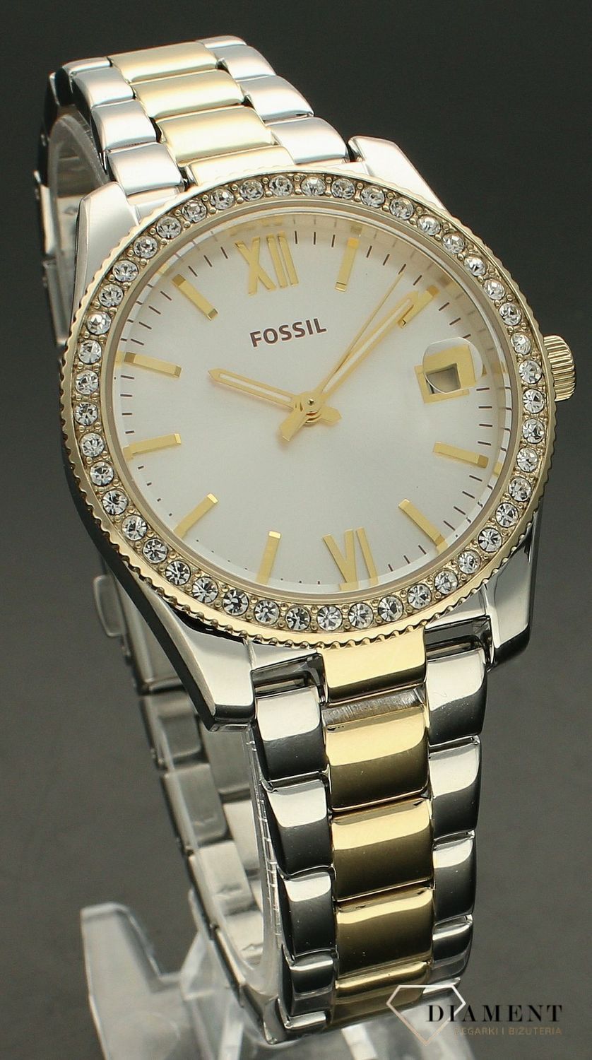 Zegarek damski Fossil SCARLETTE ES4319.  Damski zegarek w złotym kolorze. Złoty zegarek damski Fossil z cyrkoniami. Zegarek damski Fossil na złoto-srebrnej bransolecie. Zegarek damski Fossil na bransolecie na prezent..jpg