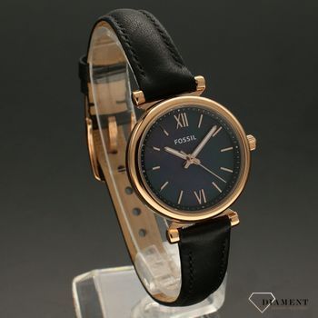 Zegarek Damski na czarnym pasku Fossil Carlie Mini ES4700 z ciemną masą perłową na tarczy z dodatkami w kolorze różowego złota.  (1).jpg